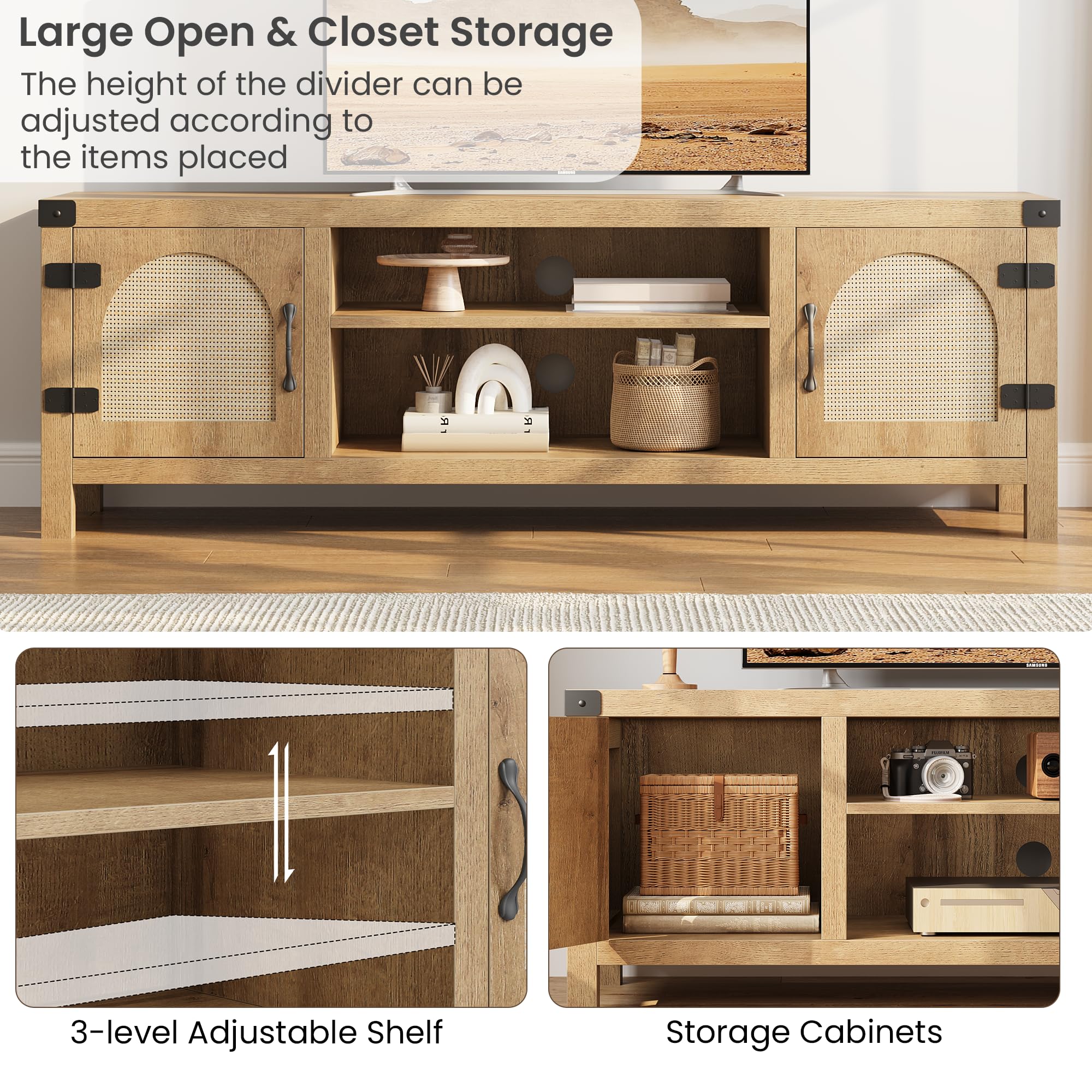 GAOMON Rattan TV Stand for Living Room - Boho Style Entertainment Center with Rattan Doors & Adjustable Shelves, 2-Tier Open Storage Media Console - Perfect for Home Theater, Gaming Setup & Living Room Organization (Natural Finish)