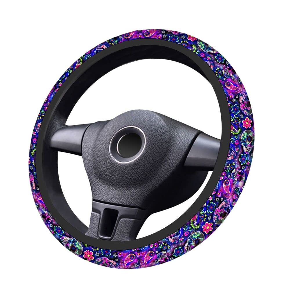 Swono Sugar Skull Steering Wheel Cover - Abstract Purple Sugar Skull & Paisley Flower Design, Anti-Slip Car Wheel Wrap for Most 15-Inch Steering Wheels (Fits Cars & Trucks) - Perfect for Gothic Style Lovers & Unique Car Accessories