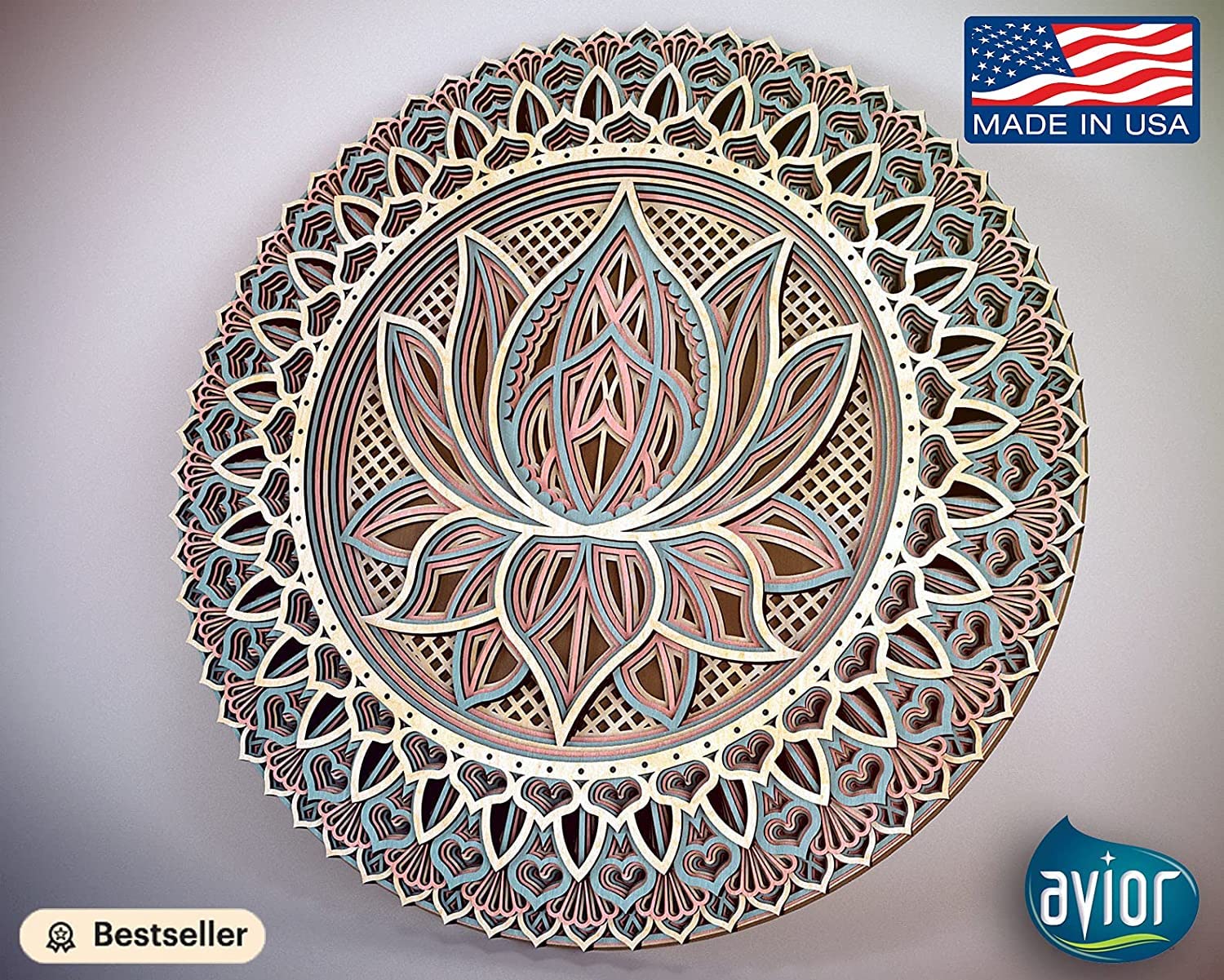 Avior Lotus Flower Mandala Wooden Wall Art - 20x20 Inches Handcrafted Yoga Decor, Bohemian Home & Office Wall Hanging for Meditation Spaces, Living Rooms, and Housewarming Gifts (50x50cm Natural Wood Layered Decor)