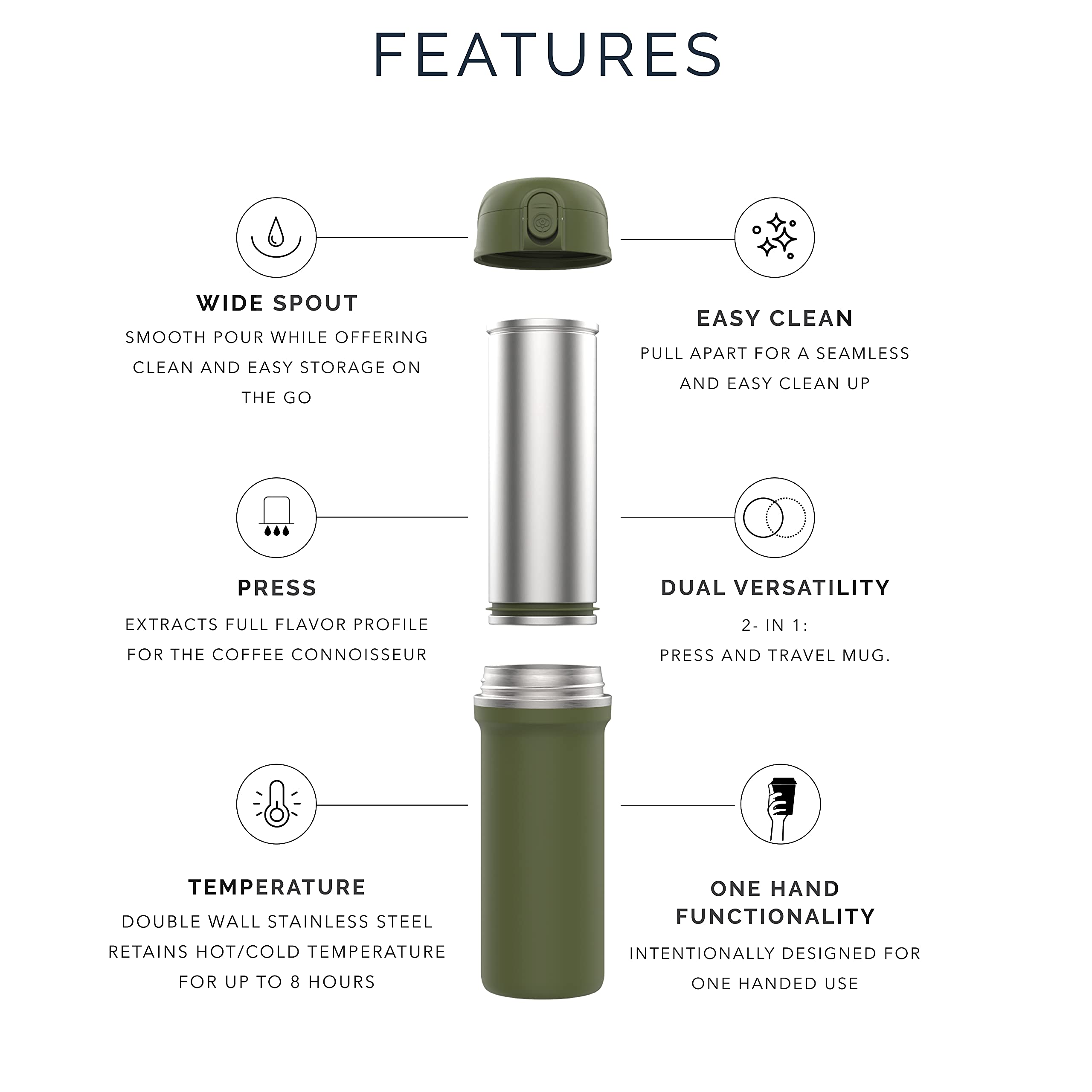 OasisMade GoodBrew - 15oz Insulated French Press Coffee & Tea Maker | Leak-Proof Travel Coffee Press with Grounds Chamber | Perfect for Commuting, Camping, Hiking & Office Use | Stainless Steel Thermal Carafe for Hot Beverages