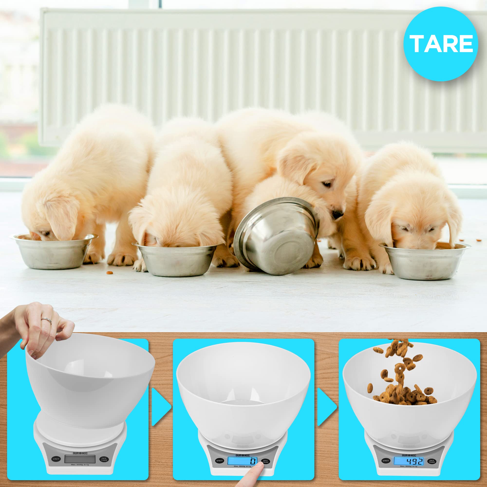 Duronic KS6000 Digital Kitchen Scale with Bowl - Precision Weighing Scale for Cooking, Baking, Pet Food & Postal Needs - Backlit LCD Display | Perfect for Home Kitchens, Bakeries & Pet Owners