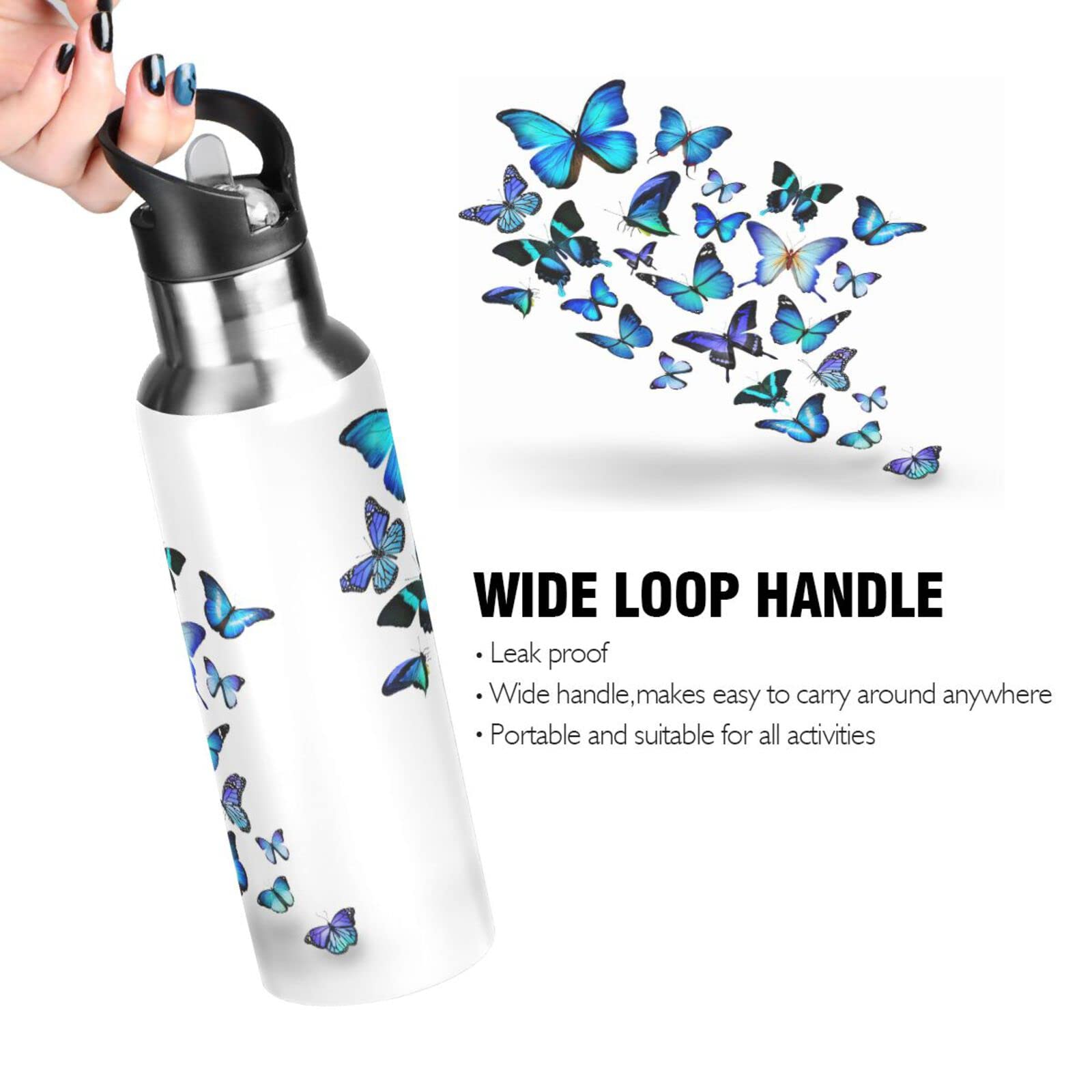 Kcldeci 20oz Blue Butterfly Stainless Steel Water Bottle - Leak Proof, Vacuum Insulated, Double Walled Thermo Mug for Hot & Cold Drinks - Perfect for Sports, Gym, Hiking, Travel & Outdoor Activities