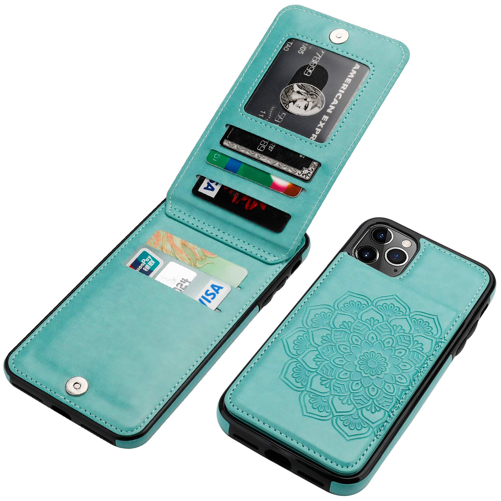Shockproof PU Leather iPhone 11 Pro Max Case with Wallet & Card Holder - 5 Card Slots, Kickstand, Embossed Mandala Flower Design, Protective Flip Cover for iPhone 11 Pro Max 6.5 Inch (Green) | Perfect for Daily Commute, Travel & Hands-Free Viewing