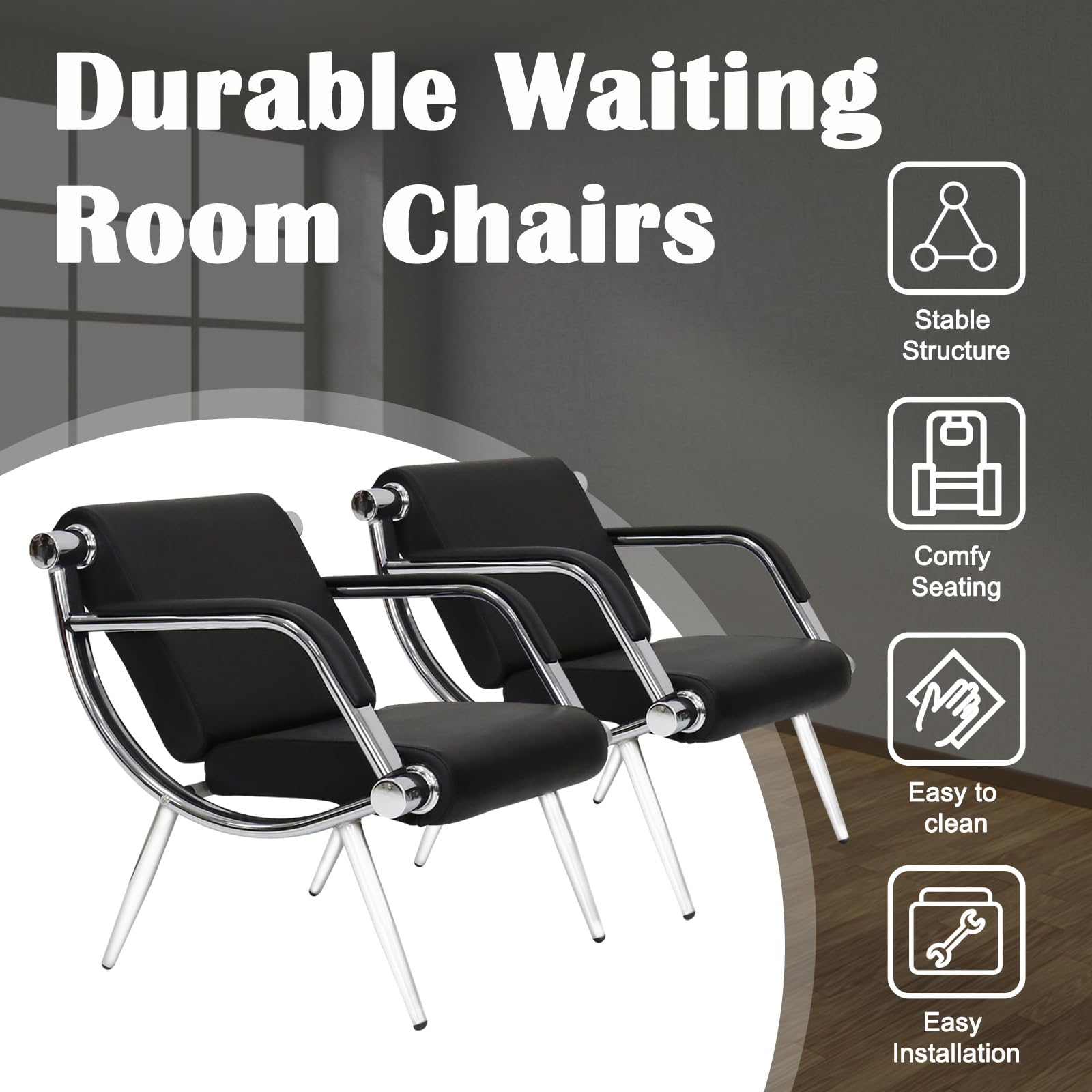 2 PCS Waiting Room Chairs - Black PU Leather Office Reception Guest Chairs for Lobby, Airport, Hotel & Clinic | Comfortable Seating Solution for High Traffic Areas