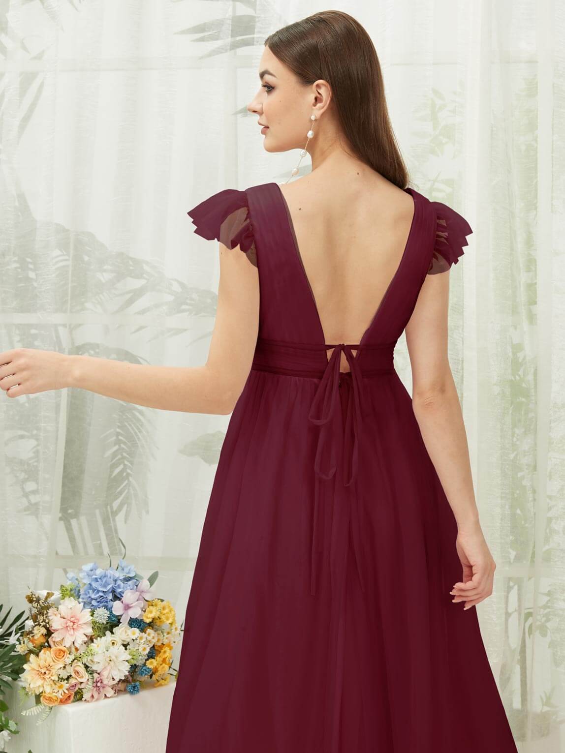 Elegant Burgundy Tulle Cap Sleeve Floor-Length Flowy Bridesmaid Dress for Wedding Party & Formal Events