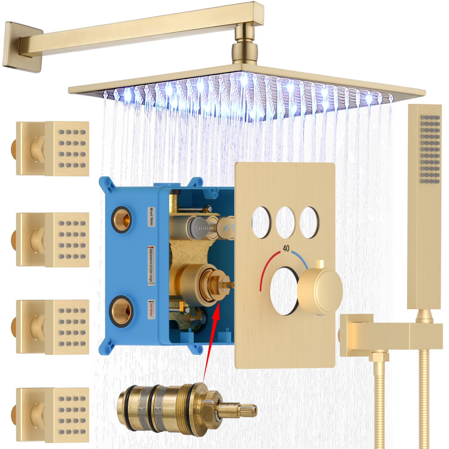 ENGA Brushed Gold Shower System - 12 Inch LED Rainfall Showerhead with Body Jets, Handheld Sprayer & Thermostatic Valve | Wall Mounted Luxury Bath Fixture for Spa-Like Experience in Master Bathrooms
