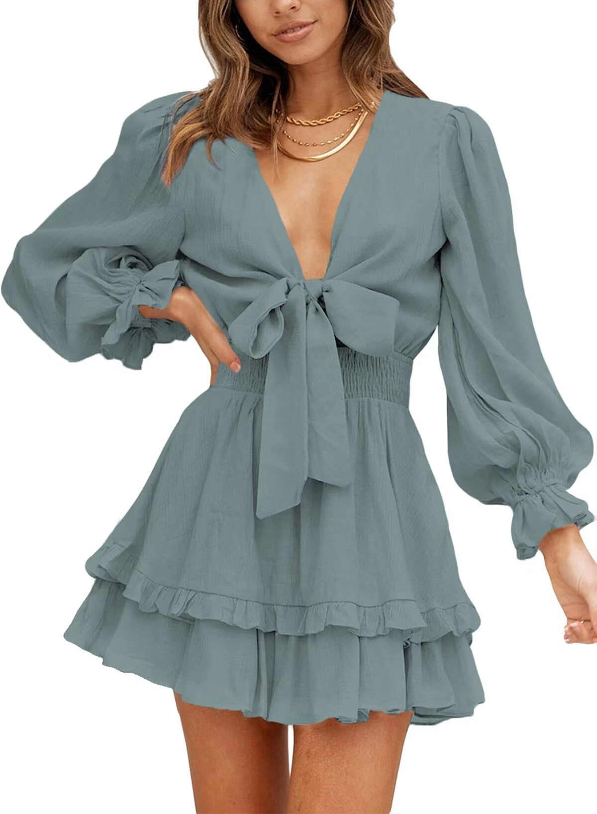 Dokotoo Women's Elegant Deep V Neck Knotted Tiered Chiffon Mini Skater Dress - Casual Summer Swing Dress for Party, Date Night & Vacation 2025