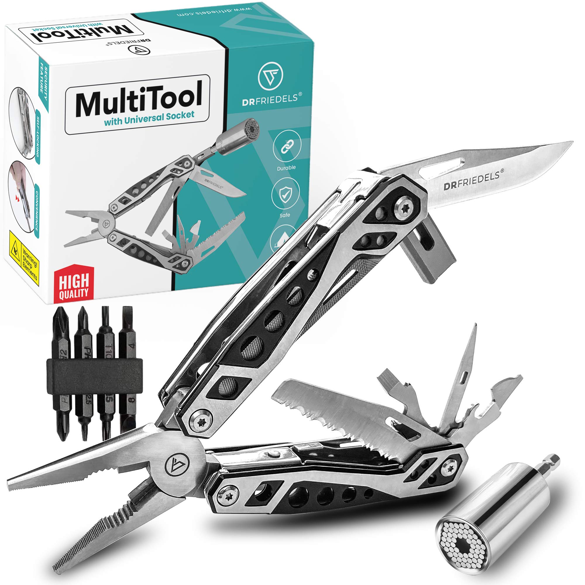 22-in-1 Multi-Tool with Universal Socket | Stainless Steel Pocket Knife with Saw, Wire Stripper & More | Compact DIY Tools for Camping, Hiking, Home Repair & Emergency Kits by DrFriedels