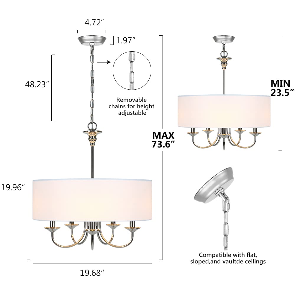 Modern 5-Light Chrome Drum Chandelier with Linen Shade - 20