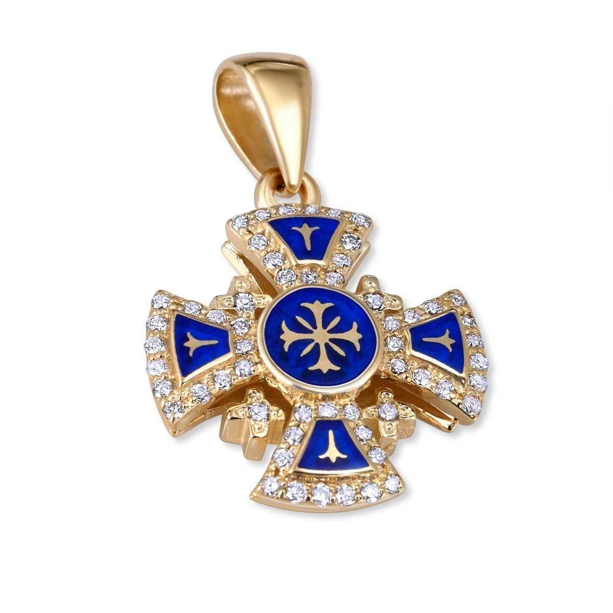 14K Gold Jerusalem Cross Pendant with 56 Diamonds & Blue Enamel - Elegant Religious Jewelry for Men & Women - Perfect for Gifts, Weddings, and Faith-Based Occasions