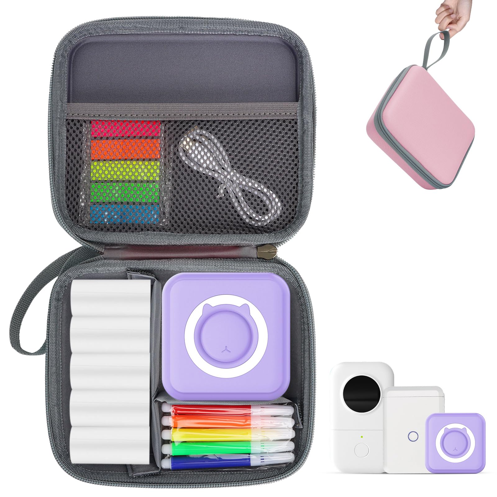 Phomemo T02/Memoking/HUIJUTCHEN Mini Sticker Printer Carrying Case - Portable Hard Travel Storage for Label Maker & Thermal Printer Paper (Pink) - Perfect for Home, Office, School & Travel Organization