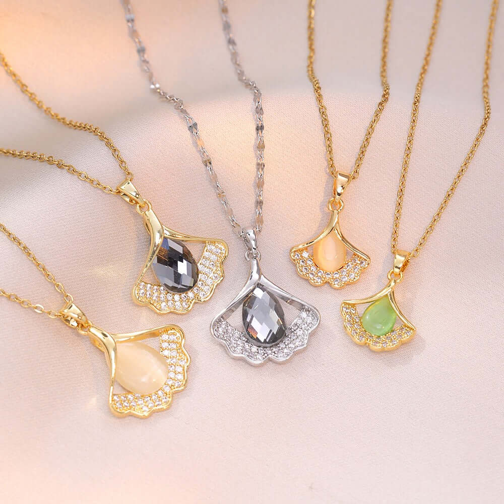 Elegant Titanium Minimalist Cat's Eye Stone Ginkgo Leaf Pendant Necklace for Women | A8241 | Perfect for Daily Wear, Office, Parties & Special Occasions