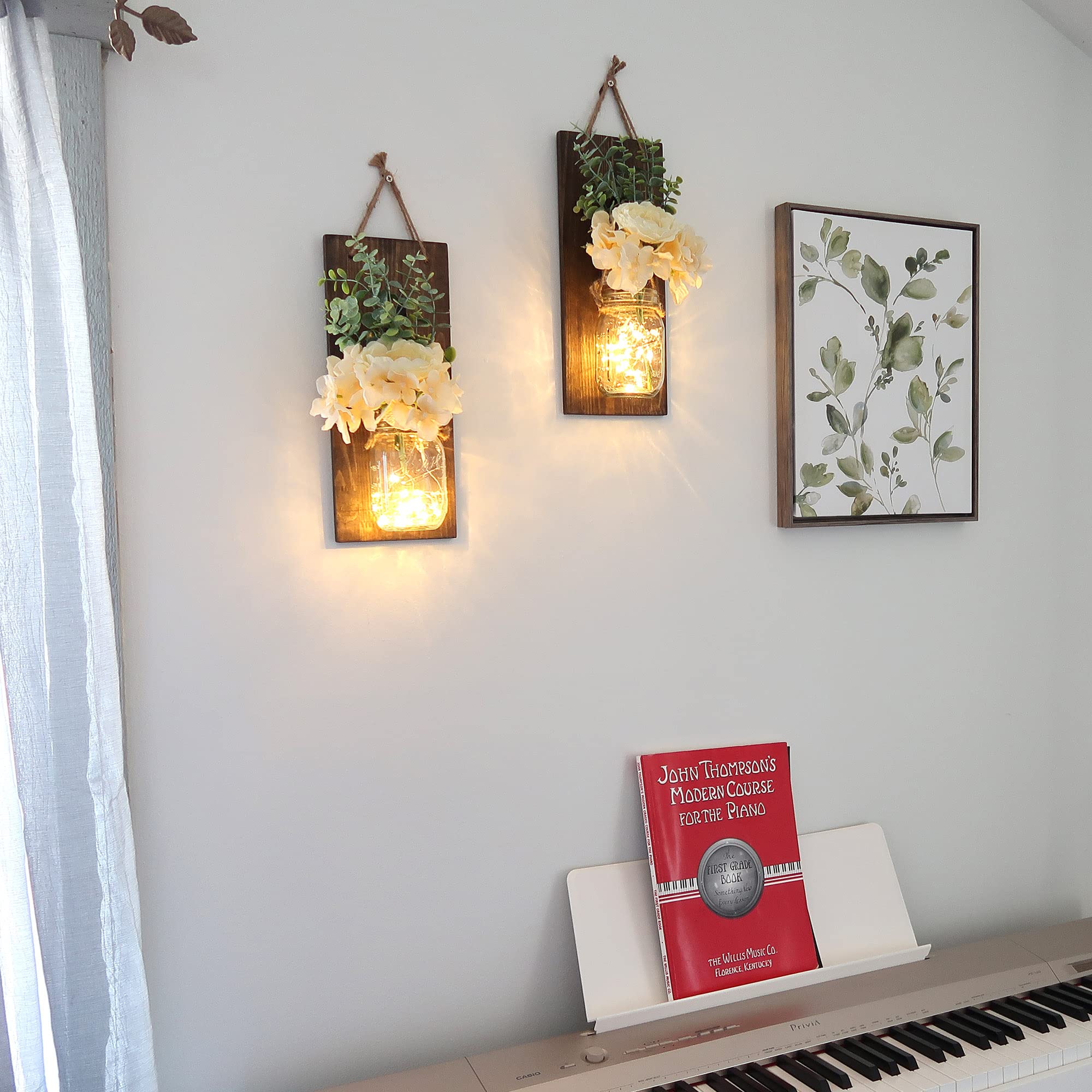 Besuerte Rustic Wall Hangings for Living Room & Bedroom - Farmhouse Home Decor with LED Fairy Lights & Rose Flowers - Set of 2 XL Jacobean Wall Art - Perfect for Cozy Living Spaces, Wedding Decor & Boho Chic Interiors