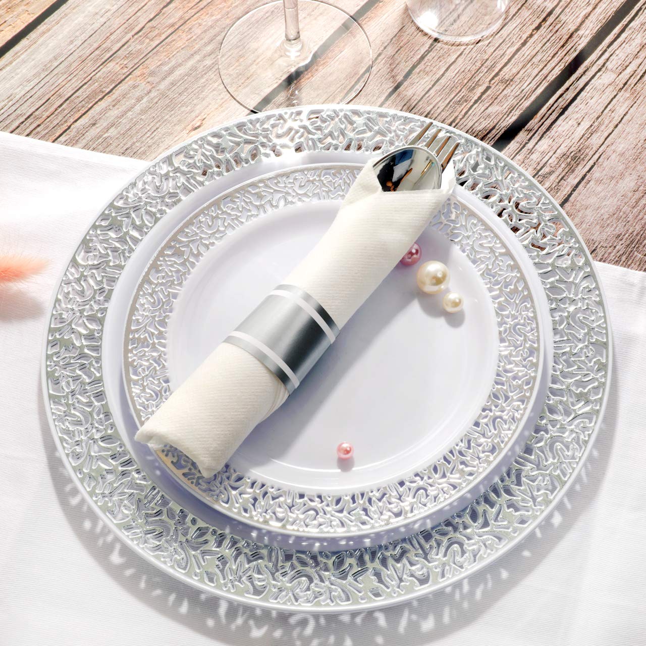 WELLIFE 350-Piece Silver Disposable Plastic Dinnerware Set - Elegant Silver Lace Plates, Cups & Cutlery for Weddings, Parties, Events & Catering - Includes 50 Dinner Plates, 50 Dessert Plates, 50 Cups & 50 Pre-Rolled Napkins - Perfect for Birthday Celebrations, Bridal Showers & Formal Gatherings