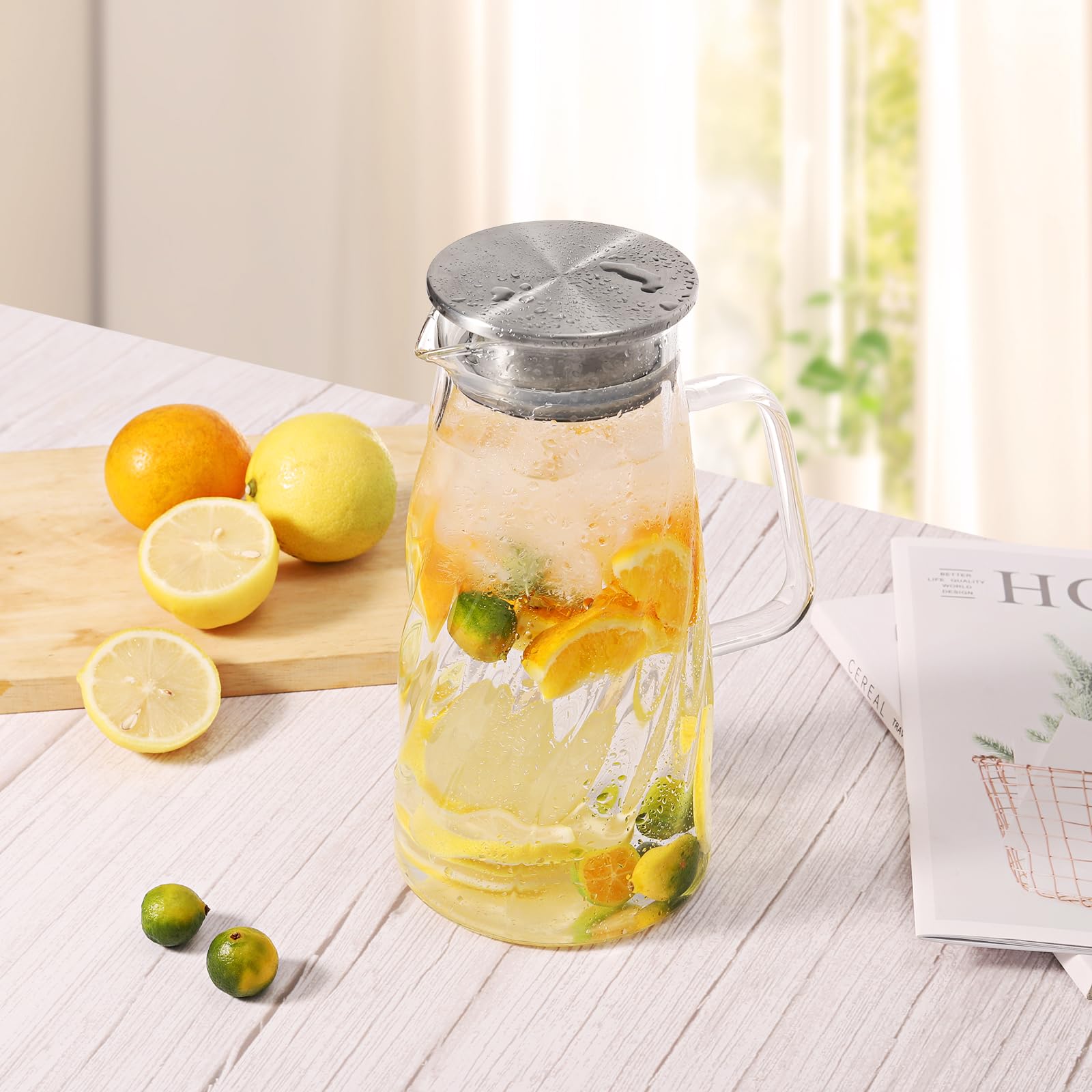 VEVOK CHEF 57 oz Glass Pitcher with Lid - 1.7L Iced Tea & Sun Tea Pitcher - BPA-Free Beverage Carafe for Hot/Cold Drinks, Juice, Milk, Water - Perfect for Refrigerator, Parties, and Outdoor Gatherings
