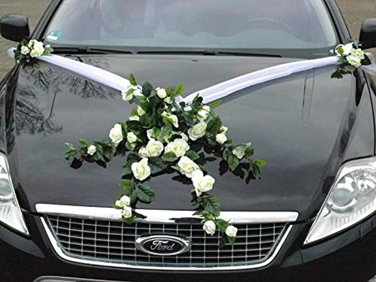 White Lace Bouquet Car Jewelry - Bridal Wedding Car Decor for Couples with Rose Accents | Perfect for Wedding, Anniversary & Special Event Decorations