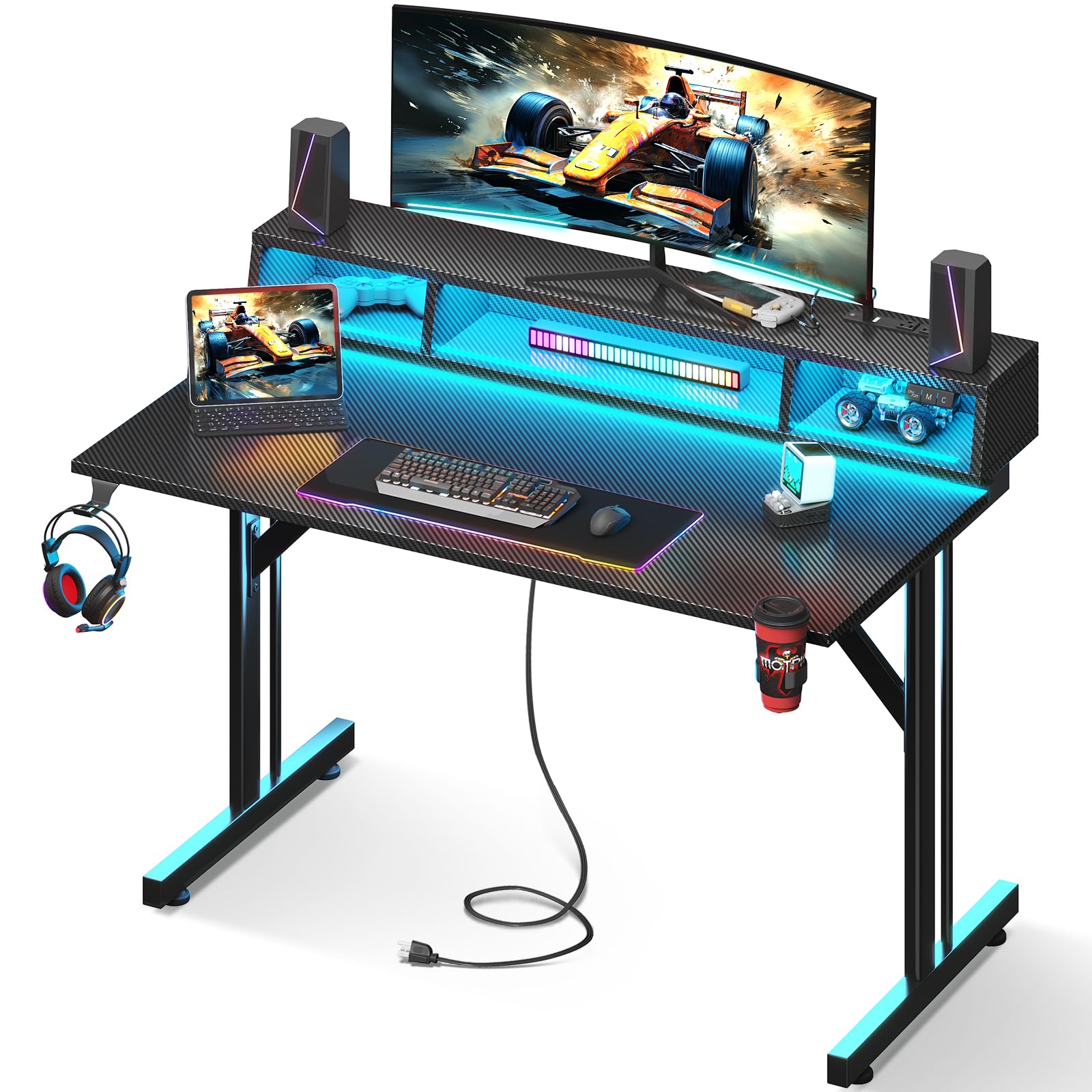 MOTPK 40 Inch LED Gaming Desk with Power Outlets & Floating Monitor Stand - Carbon Fiber Texture Computer Table for Kids & Teens - Perfect for Small Spaces, Gaming Setups & Home Office Workstations