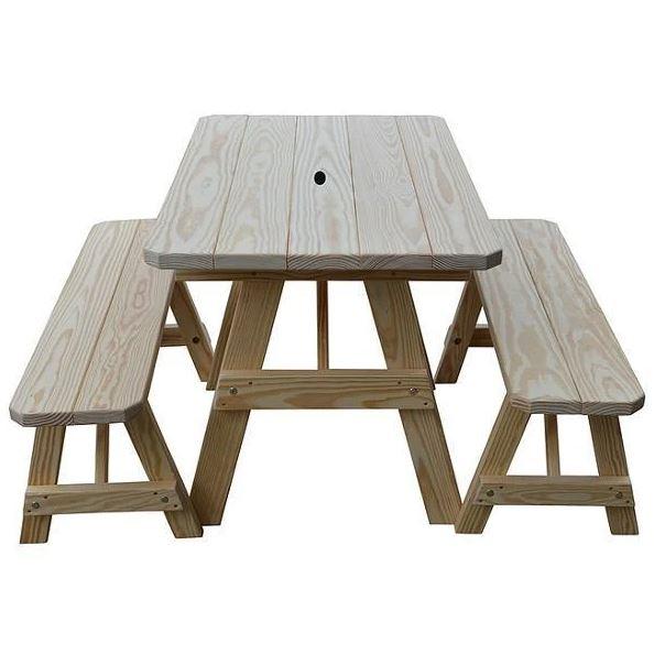 Unfinished Yellow Pine Traditional Dining Table with 2 Benches - Rustic Farmhouse Kitchen & Dining Room Furniture Set for Country Style Homes
