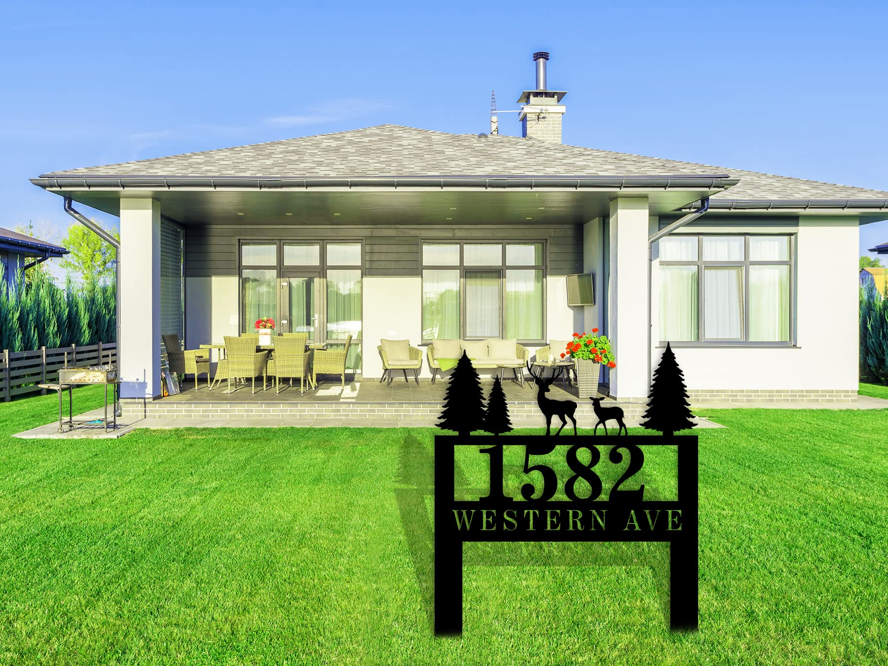 Personalized Modern Metal House Numbers for Outside - Custom Address Plaque with Deer & Stakes - Durable Yard Sign for Home, Garden & Mailbox Decoration