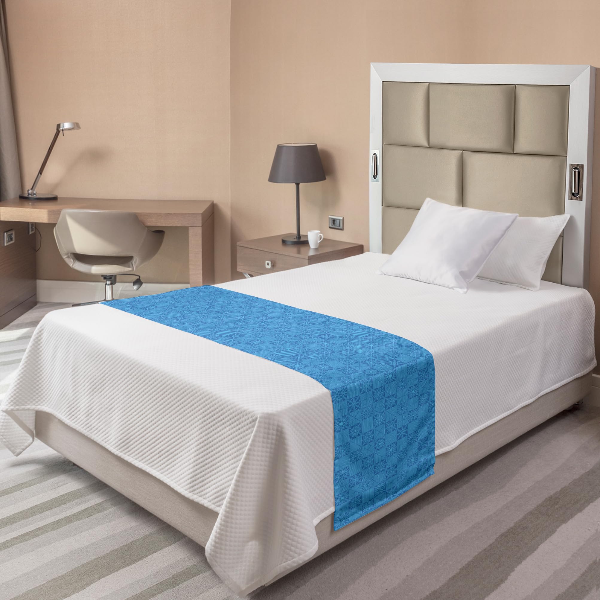 Ambesonne Winter Bed Runner - Geometric Striped Snowflake Print Decorative Bed Scarf for Hotels, Homes & Guestrooms in Azure Blue & Deep Sky Blue | Perfect for Holiday Decor, Bedroom Accent & Cozy Winter Styling