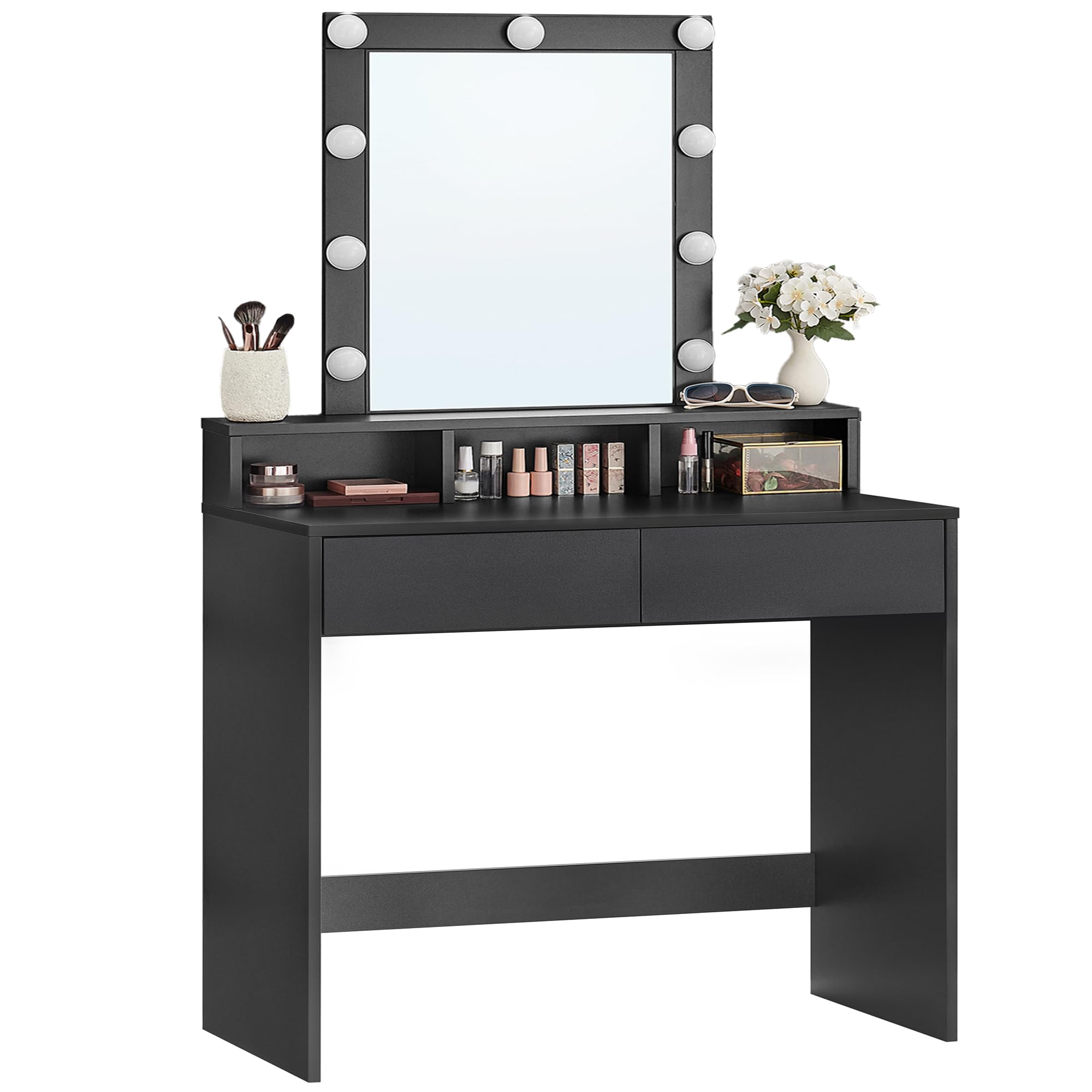 VASAGLE Adjustable LED Light Vanity Makeup Table with Mirror, 2 Drawers & 3 Storage Compartments - Modern Black Dressing Table for Bedroom RDT114T16 | Perfect for Makeup Application, Skincare Routine & Home Decor