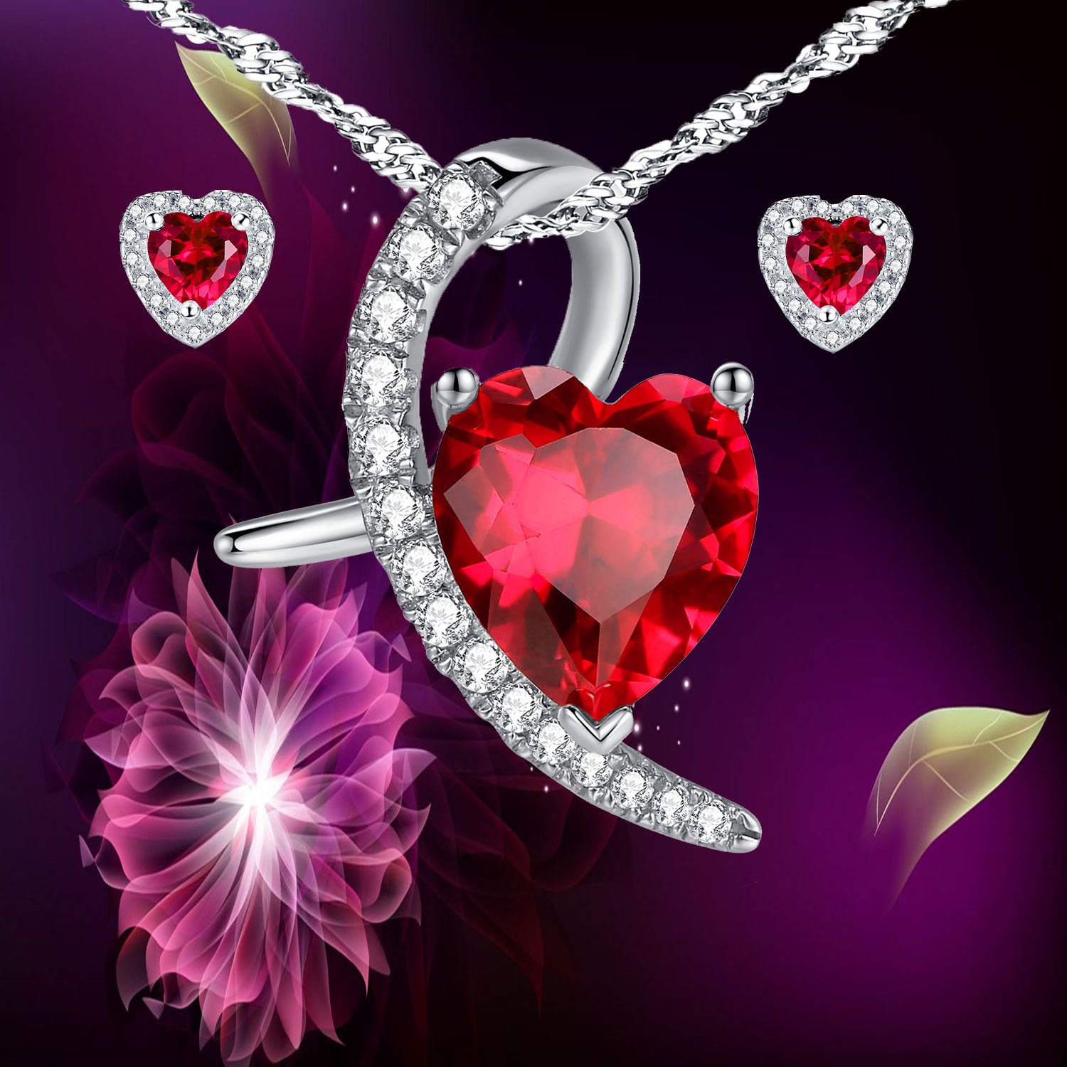 MABELLA Sterling Silver Heart Cut Simulated Ruby Pendant & Earrings Jewelry Set for Women - Valentine's Day Gift, Anniversary Present, Birthday Jewelry - Perfect for Date Night, Wedding, Party & Special Occasions