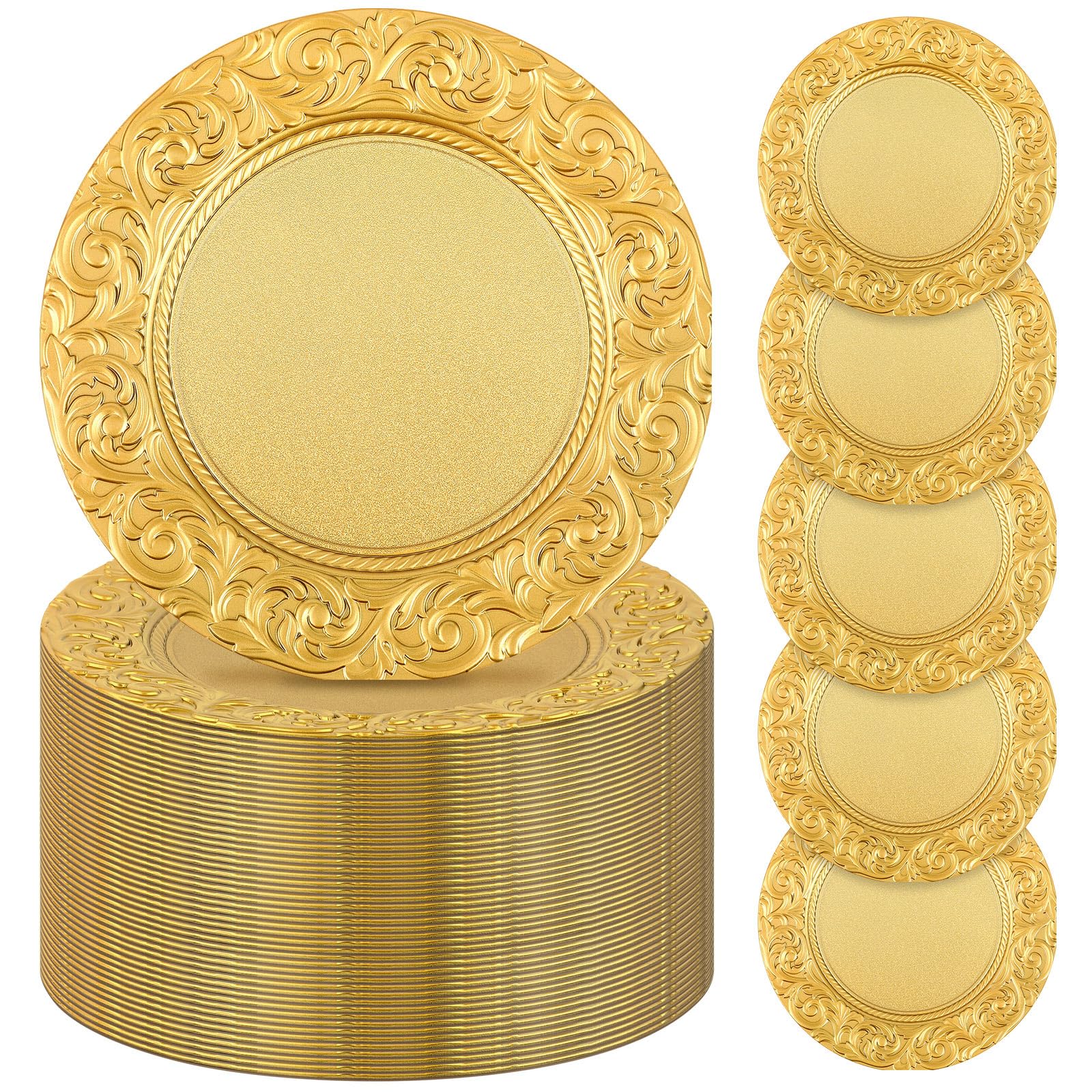 Uiifan 13'' Antique Gold Plastic Embossed Charger Plates Bulk (100 Pcs) - Floral Round Dinner Plates for Wedding, Party, Kitchen & Table Decoration | Perfect for Formal Dining, Buffet Settings & Special Events