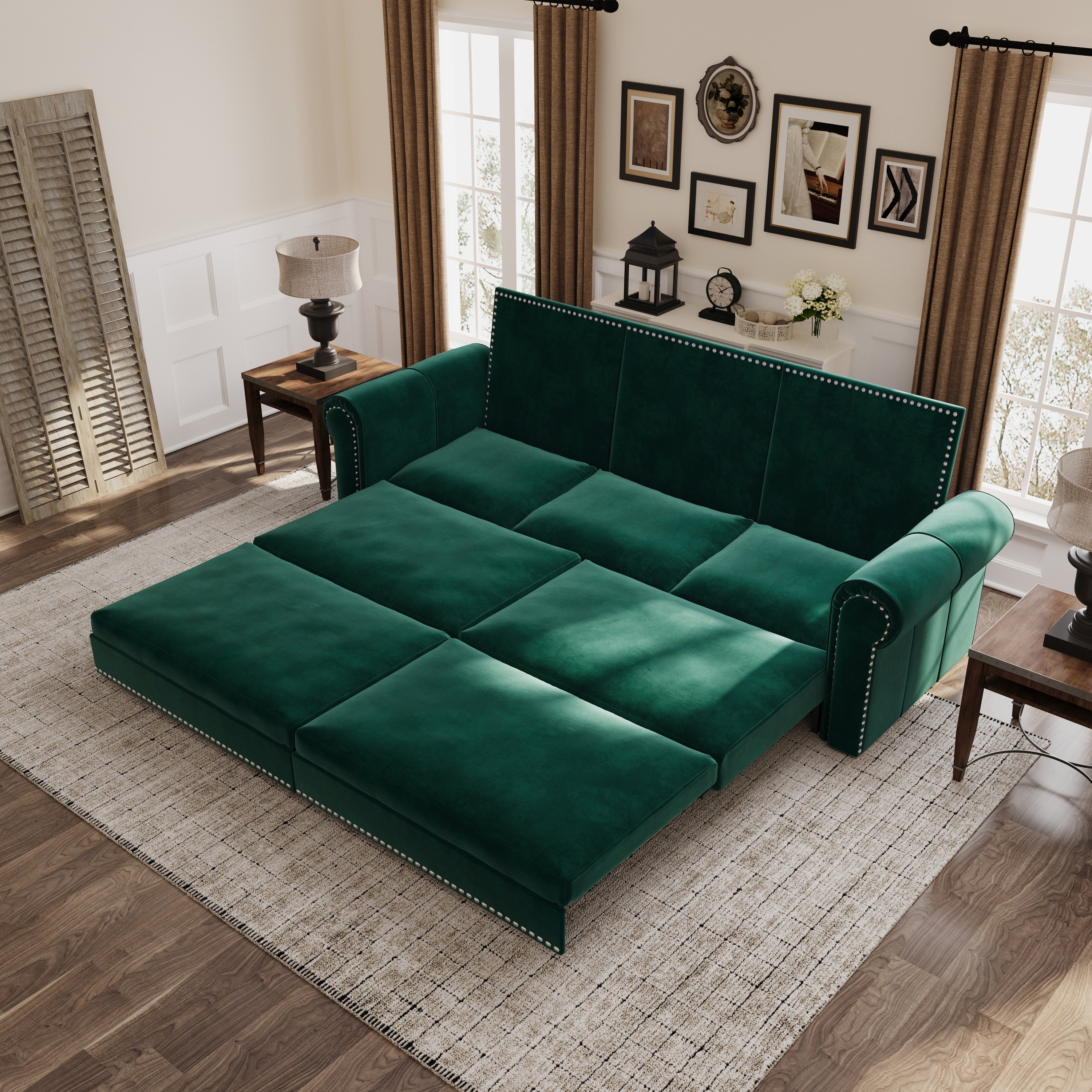 93.7'' King Size Chesterfield Pull Out Sofa Bed - 3-in-1 Velvet Convertible Sleeper Sofa with Nailhead Trim & Rolled Arms - Multi-Functional Sectional for Living Room, Bedroom, Apartment & Office - Emerald Green Sofa Bed for Small Spaces & Guest Rooms