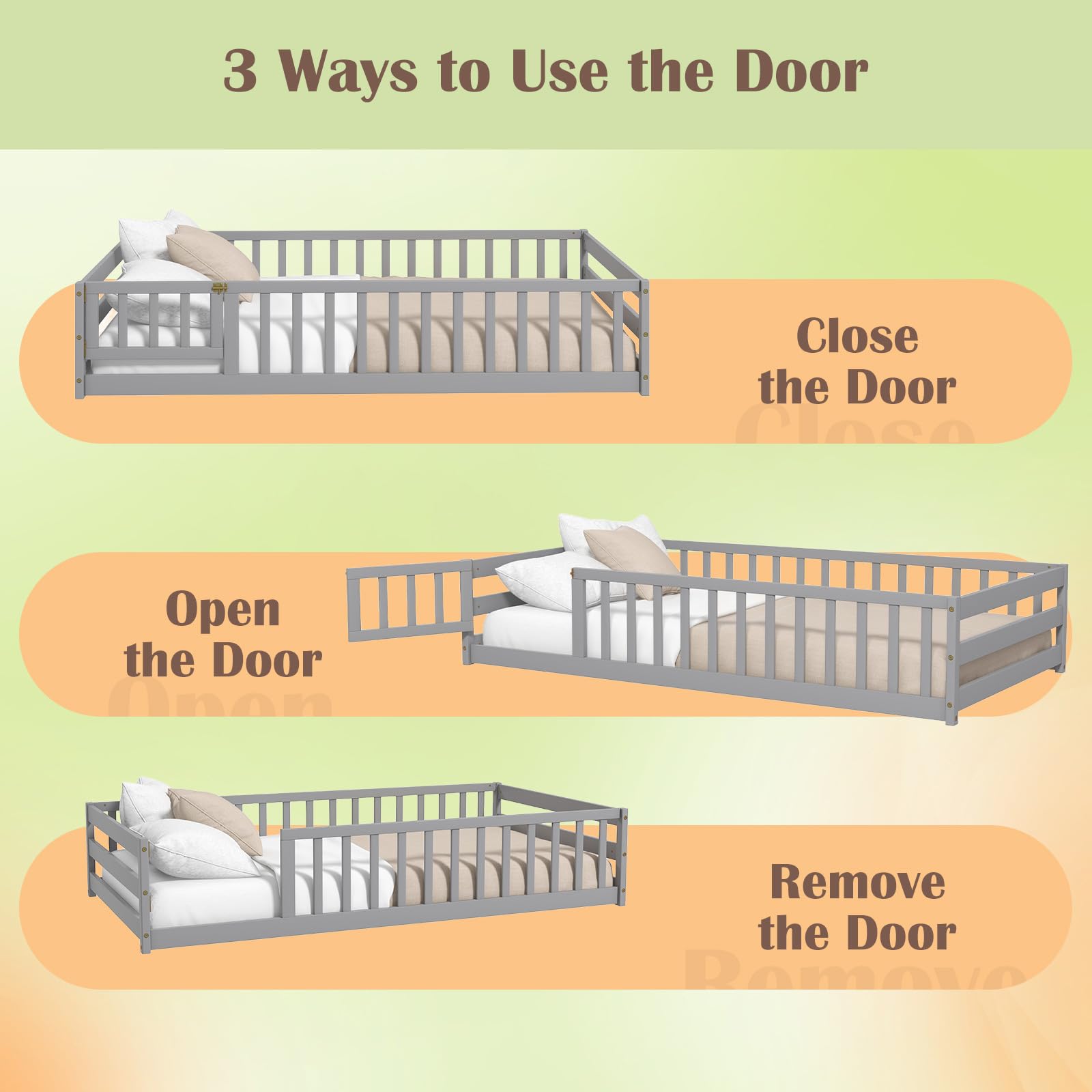 Giantex Twin Floor Bed with Door & Safety Fence - Wooden Montessori Bed for Kids, Boys & Girls - No Box Spring Needed - Sturdy Frame with Guardrails - Grey - Perfect for Montessori Rooms, Daycare & Kids' Bedrooms
