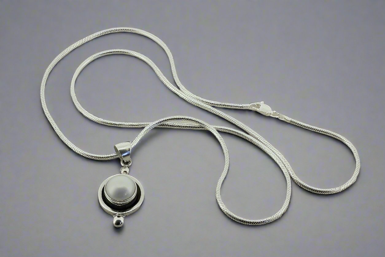 Elegant Bezel Pearl & Oxidized Pendant Necklace with 55cm Snake Chain - Perfect for Weddings, Parties & Special Occasions