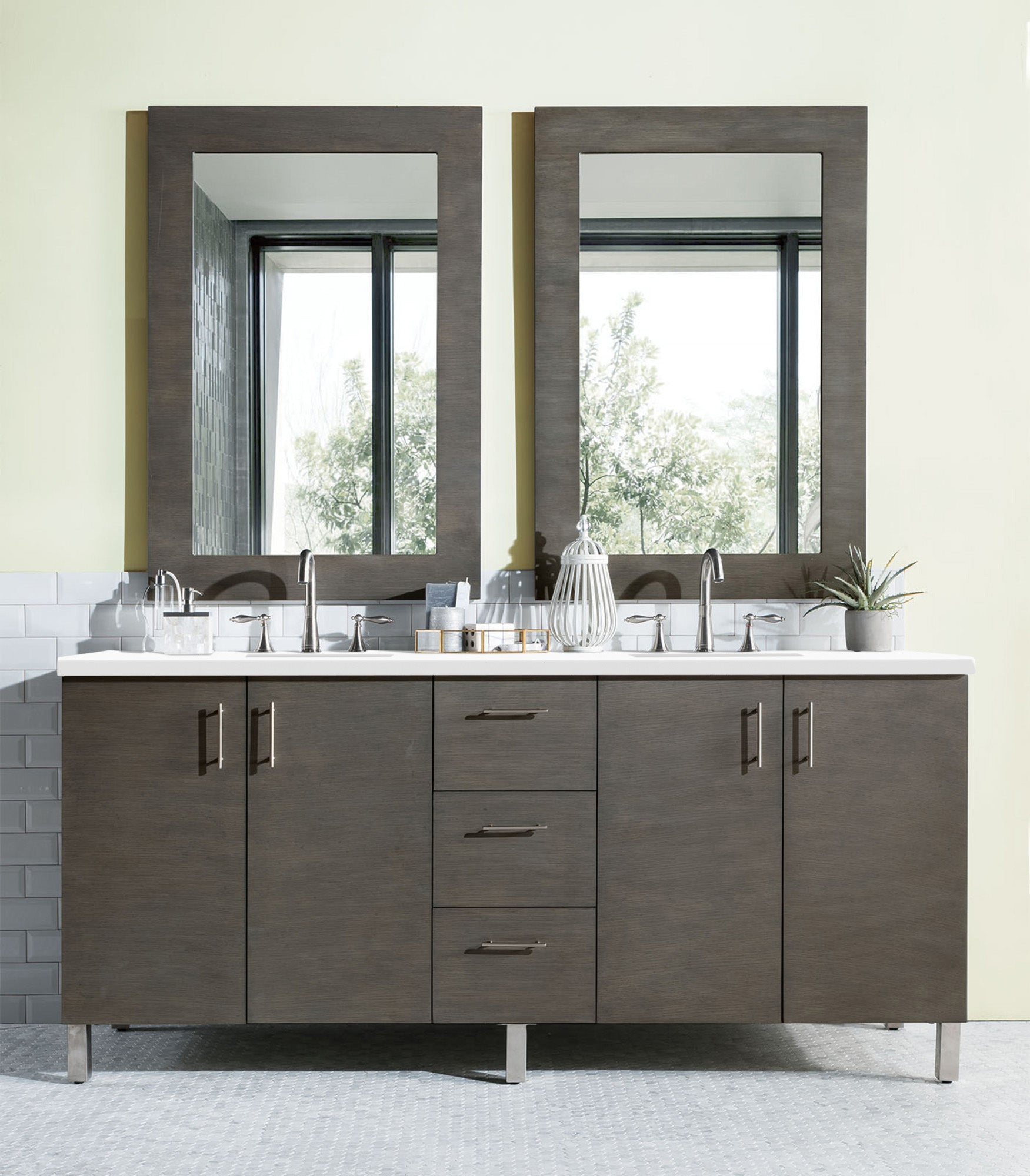 Metropolitan 72 Inch Double Bathroom Vanity with Silver Oak Finish & 3CM Classic White Quartz Countertop - Perfect for Master Bathroom Renovation & Modern Home Decor