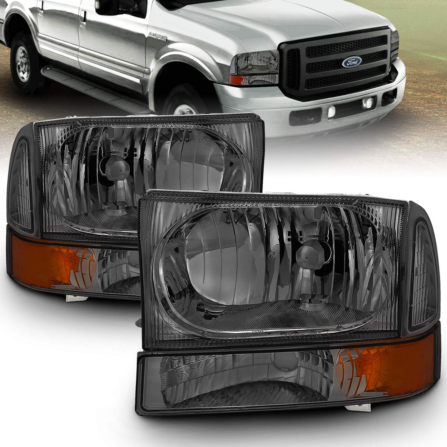 AmeriLite OE Smoke Headlights Set for Ford F250 F350 - Easy Installation