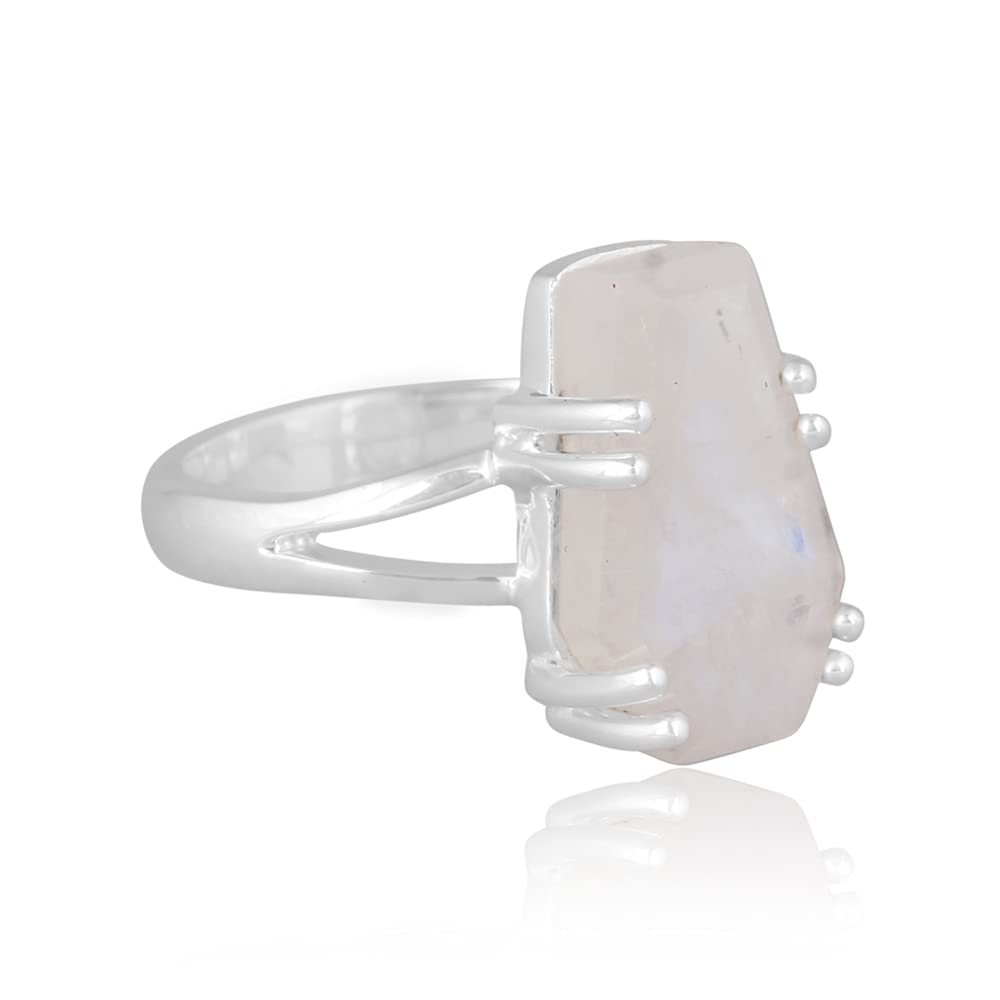 Natural Rainbow Moonstone Coffin Ring - 925 Sterling Silver Boho Statement Ring for Women, Handmade Promise Band Jewelry Gift for Mom, Wife, Girlfriend - Perfect for Weddings, Anniversaries & Special Occasions