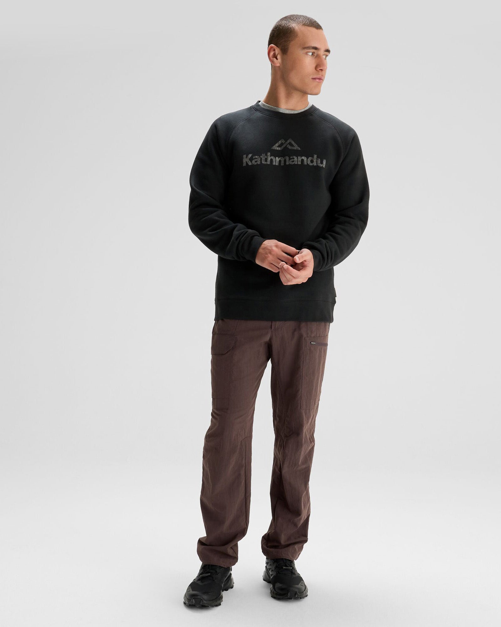 Men's Kathmandu Logo Crew Sweater - Black | Warm Casual Pullover for Outdoor Adventures & Everyday Wear