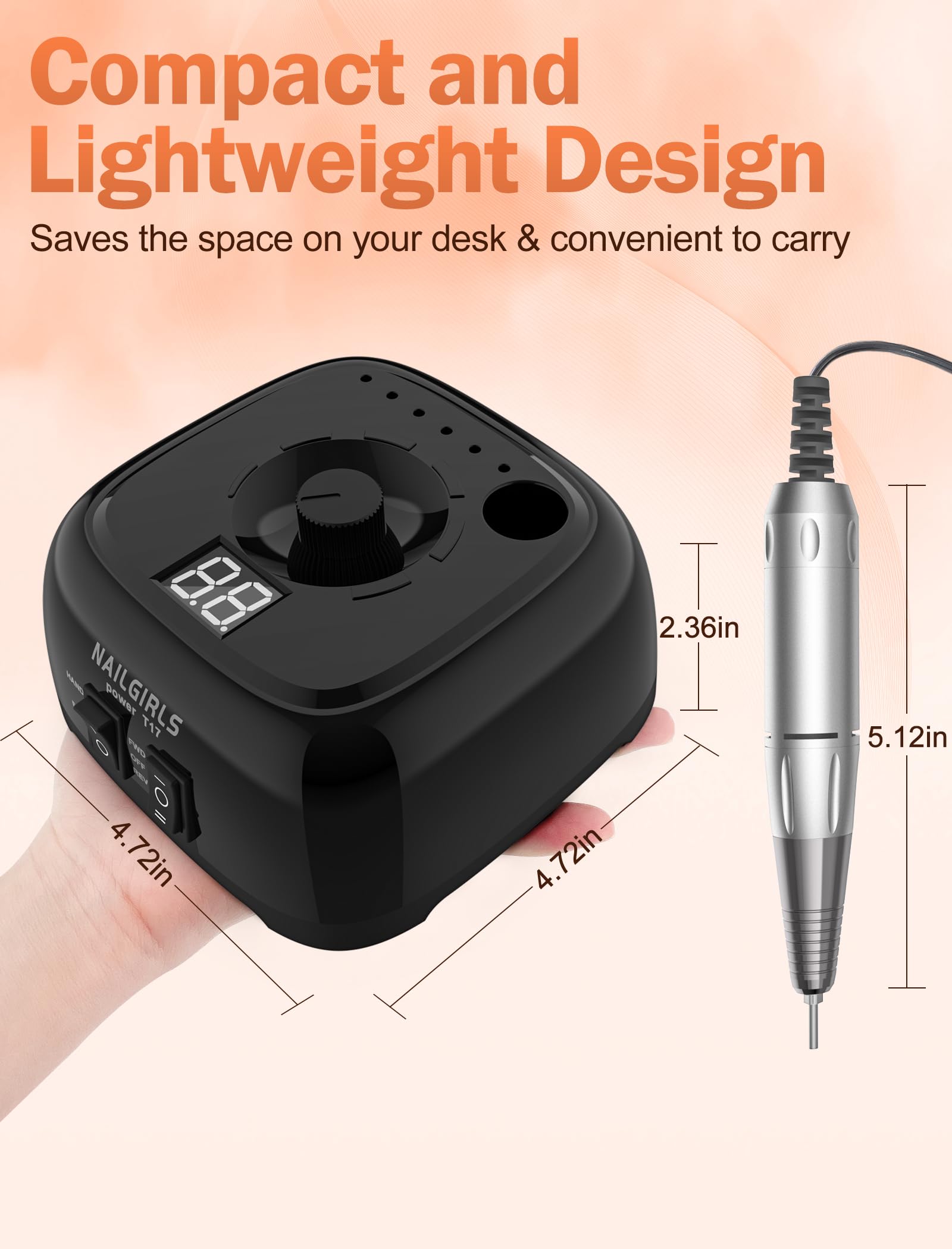 NAILGIRLS 35000RPM Professional Nail Drill Machine with LED Speed Display - Electric Nail File Kit for Acrylic & Gel Nails, Polishing & Shaping (Black) | Perfect for Salon & Home Manicure/Pedicure