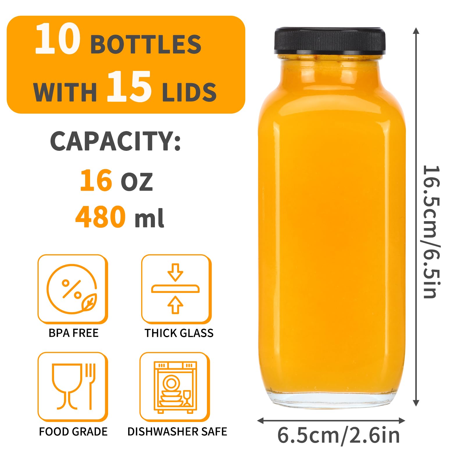 **CUCUMI 10-Pack 16oz Glass Juice Bottles with Lids & Brush - Reusable Drinking Jars for Juice, Water, Smoothies - Includes Glass Straws & Hole Lids - Perfect for Home, Office, Gym & Travel**