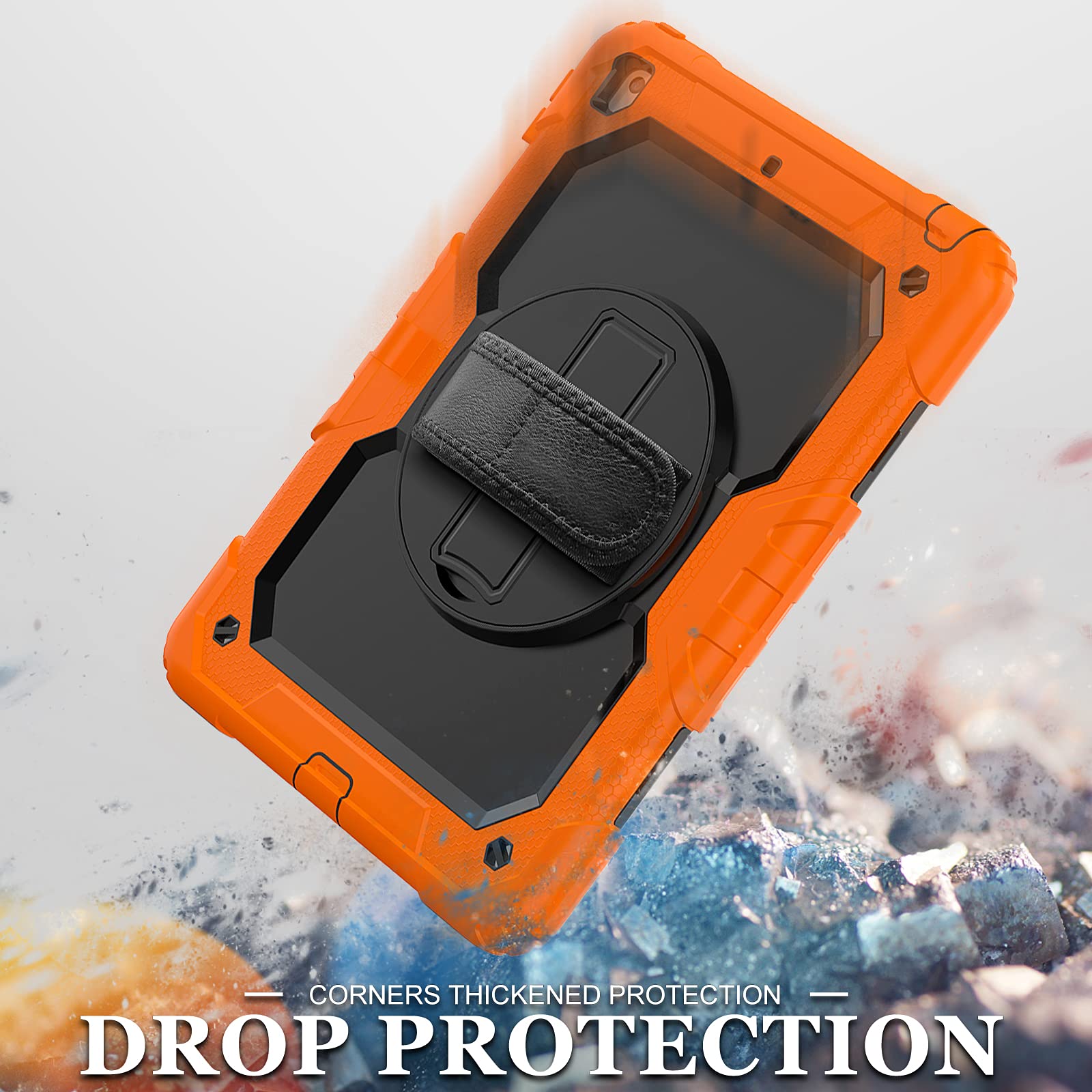 Shockproof Rugged Case for iPad 10.2 Inch (7th/8th/9th Gen) with Screen Protector, Pencil Holder & Kickstand - Durable Protective Cover for Kids Boys Girls - Black & Orange | Perfect for School, Travel & Outdoor Activities