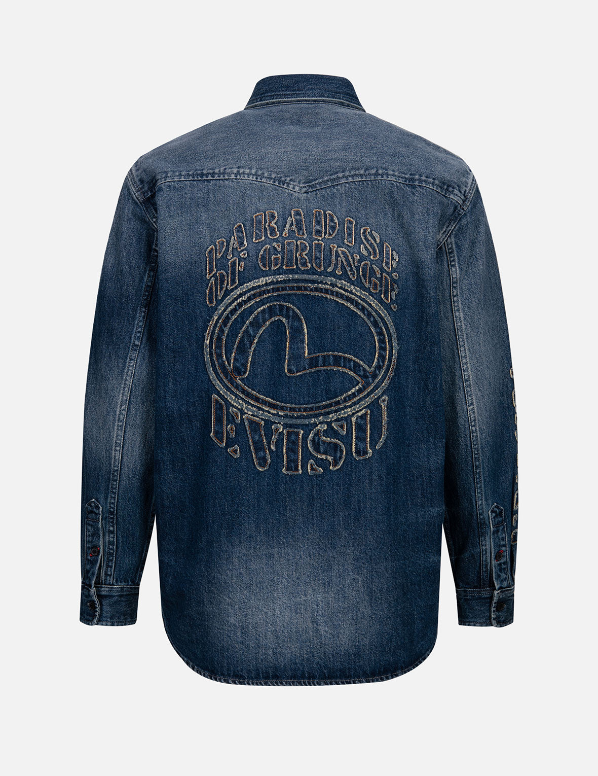 Vintage Grunge Style Logo & Seagull Appliqué Relaxed Fit Denim Shirt for Men - Casual Streetwear, Layering, and Music Festival Outfits