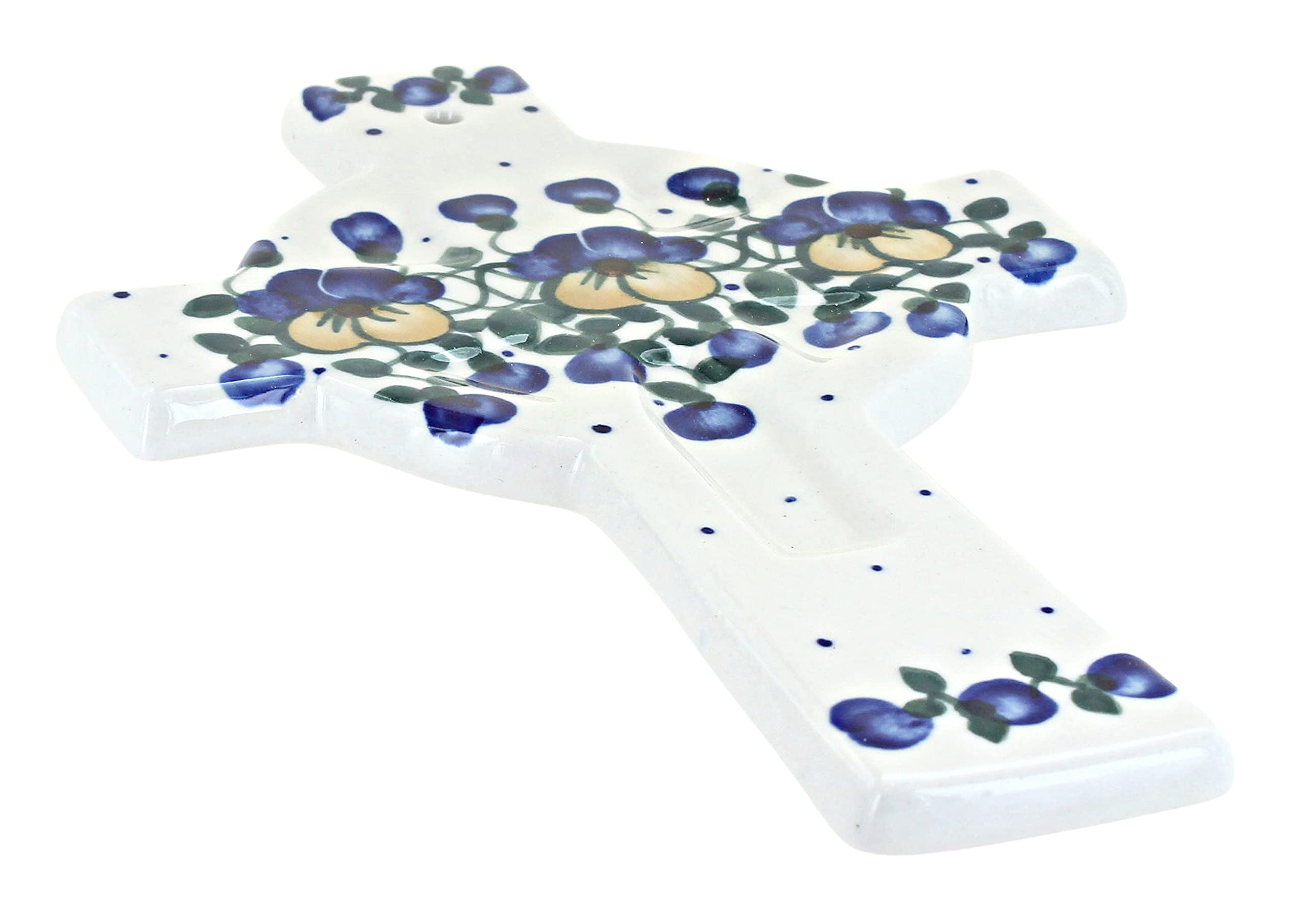 Blue Rose Polish Pottery Pansies Cross - Handmade Ceramic Wall Cross Decor for Home, Church & Garden - Perfect for Easter, Christmas & Wedding Gifts