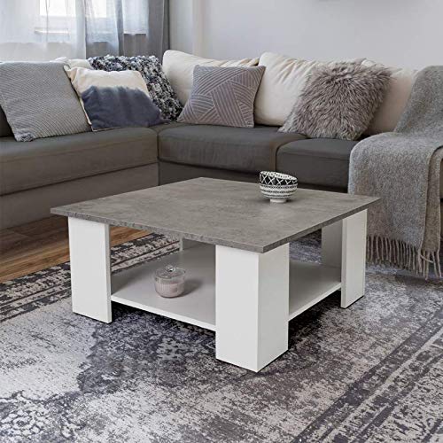 Square Coffee Table with White Tray and Concrete Effect - Modern Minimalist Living Room Furniture for Small Spaces | Perfect for Apartments, Dorms & Cozy Homes