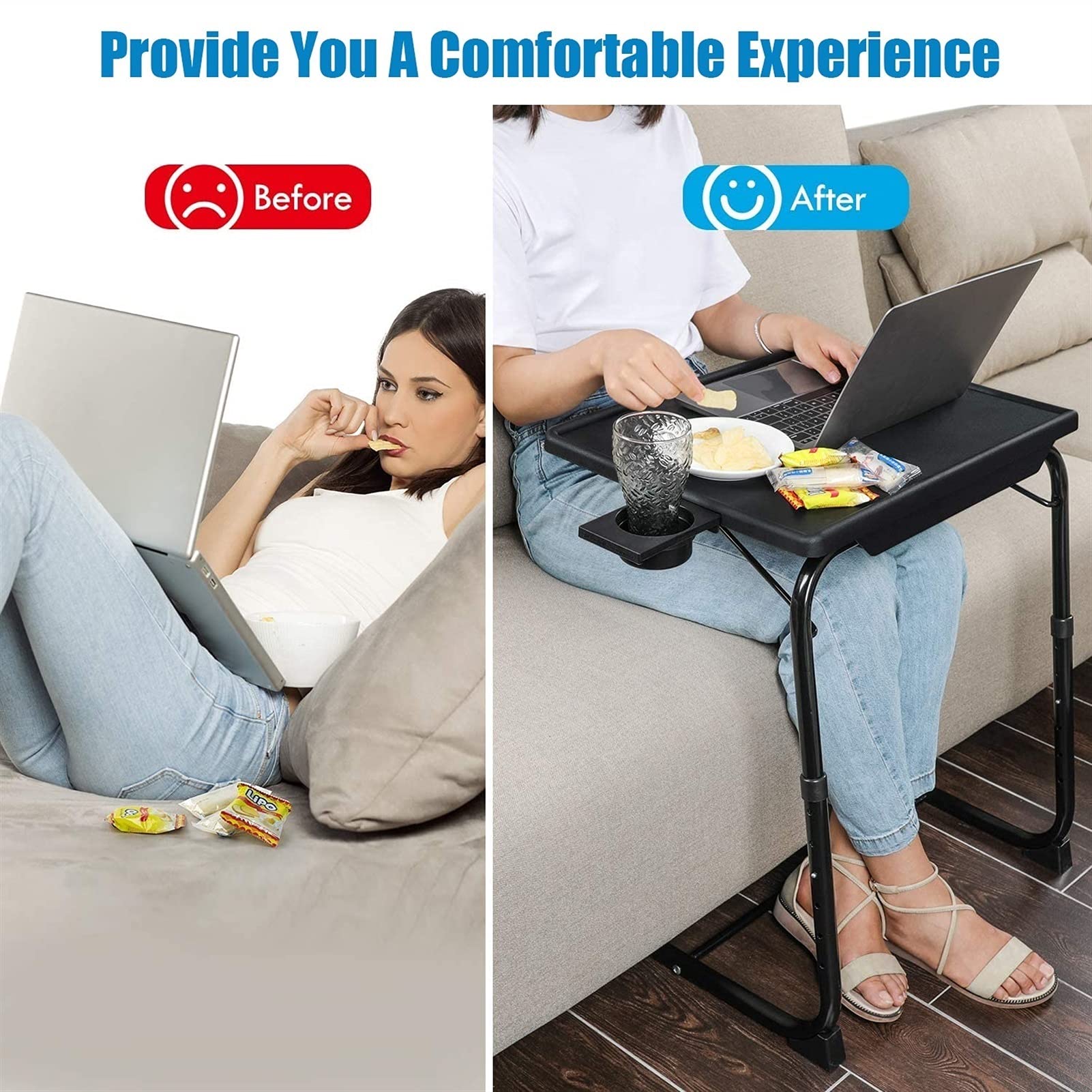 Adjustable Folding Bed Tray Table for Eating - 6 Height & 3 Tilt Angle Settings - Portable TV Dinner Tray for Sofa, Couch & Bed (Black) | Perfect for Breakfast in Bed, Laptop Work & Movie Nights