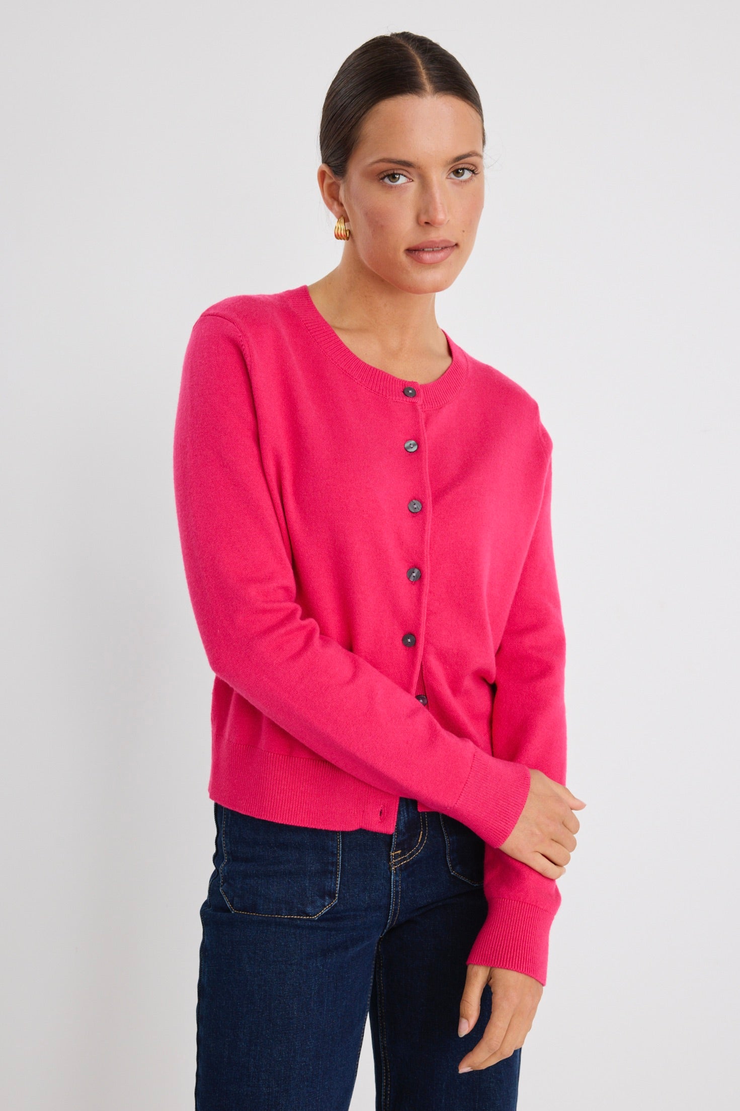Luxury Hot Pink Cashmere Blend Crewneck Cardigan for Women - Soft & Warm Knit Sweater - Perfect for Office, Date Night & Fall Layering
