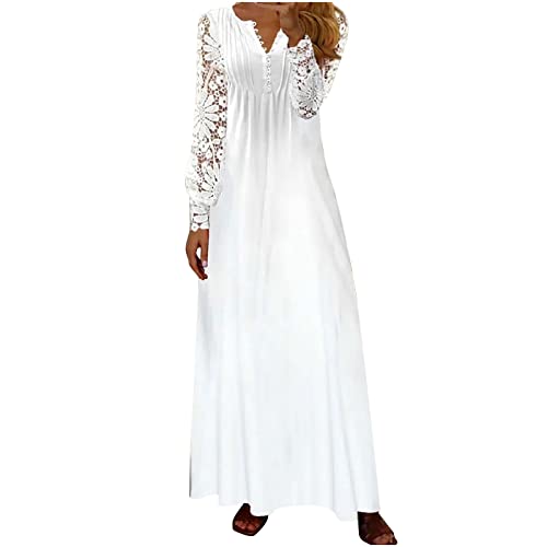 Elegant V-Neck Lace Long Sleeve Maxi Dress for Women - Wedding Guest, Cocktail Party & Summer Casual Wear - Flowy Button Down Formal Dress for Special Occasions