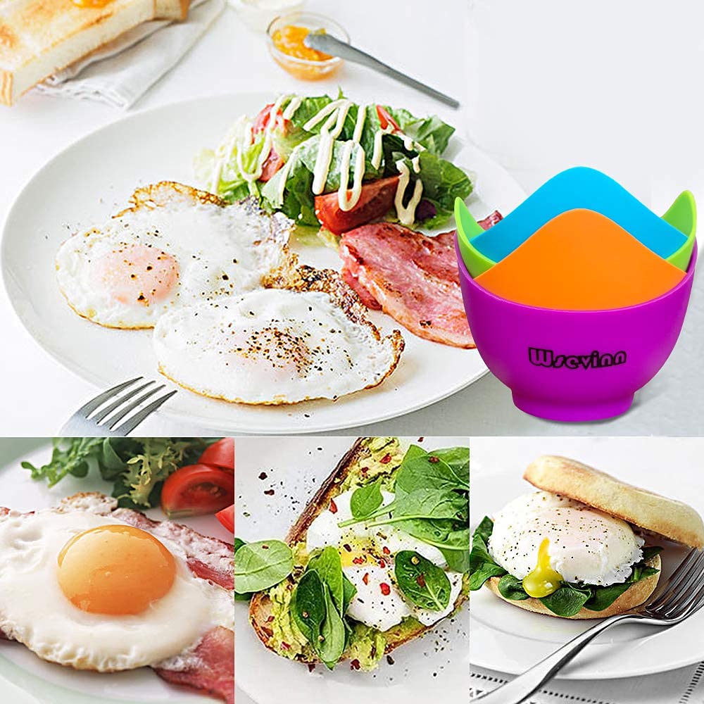 Non-Stick Silicone Egg Poacher Cups with Stand - 4 Pack for Microwave, Stovetop & Air Fryer - Perfect for Keto Breakfast, Meal Prep & Healthy Cooking - Includes Bonus Oil Brush