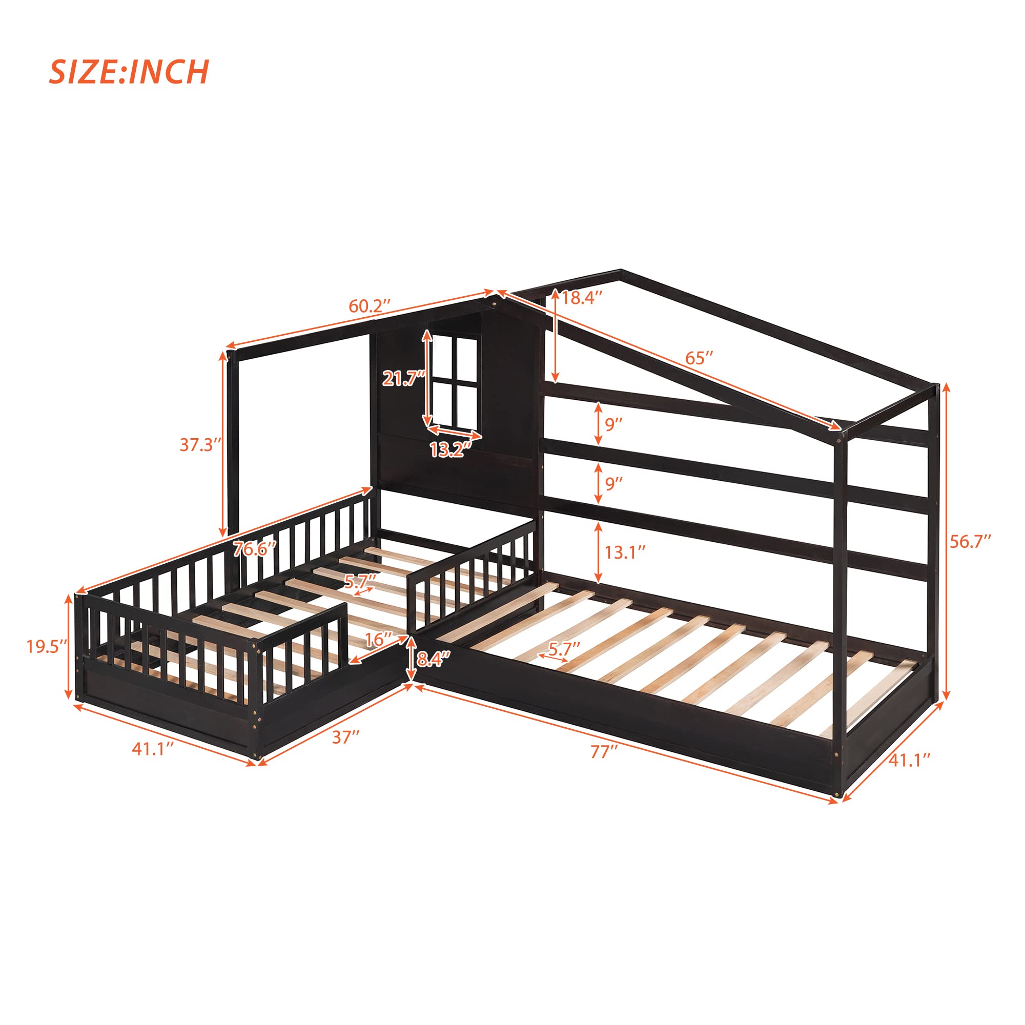 Bellemave L-Shaped Twin Bed Frame with Roof - Solid Wood Corner House Bed for Kids, Espresso Finish - Perfect for Small Spaces & Shared Kids' Rooms