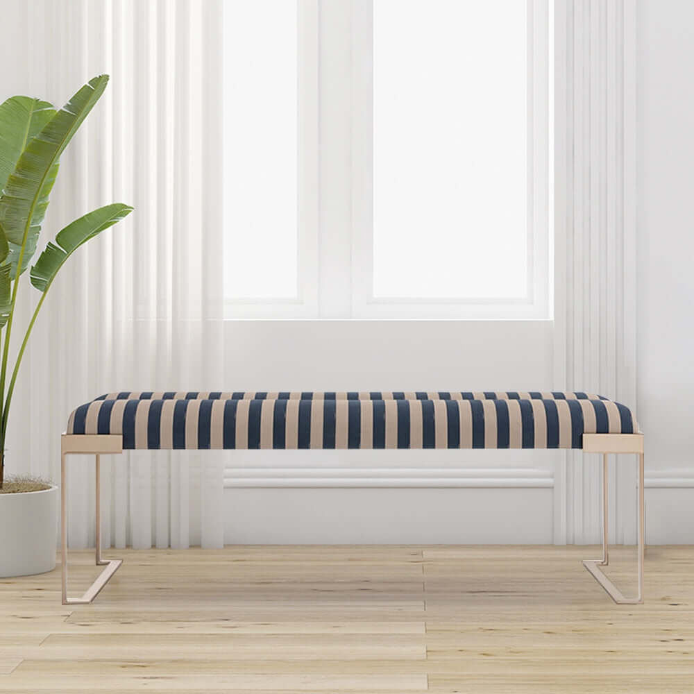 Modern Gold Velvet Upholstered Bench with Striped Design - Stylish Ottoman Bench for Living Room, Bedroom or Entryway Seating