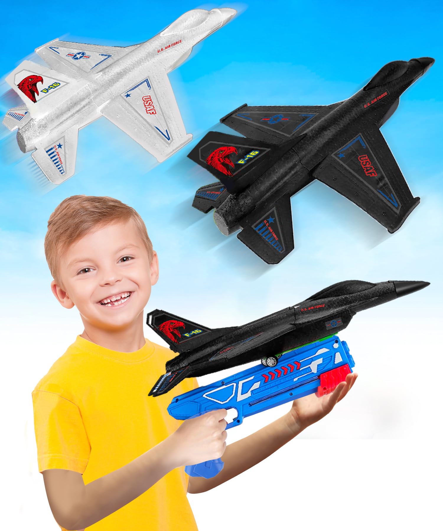 ArtCreativity Airplane Launcher Toy Set - 2 F-16 Fighter Jet Toys & 1 Foam Plane Launcher Gun for Kids Ages 3-9 - Outdoor Backyard Birthday Gifts for Boys & Girls - Fun STEM Learning Toys for Outdoor Play & Party Games