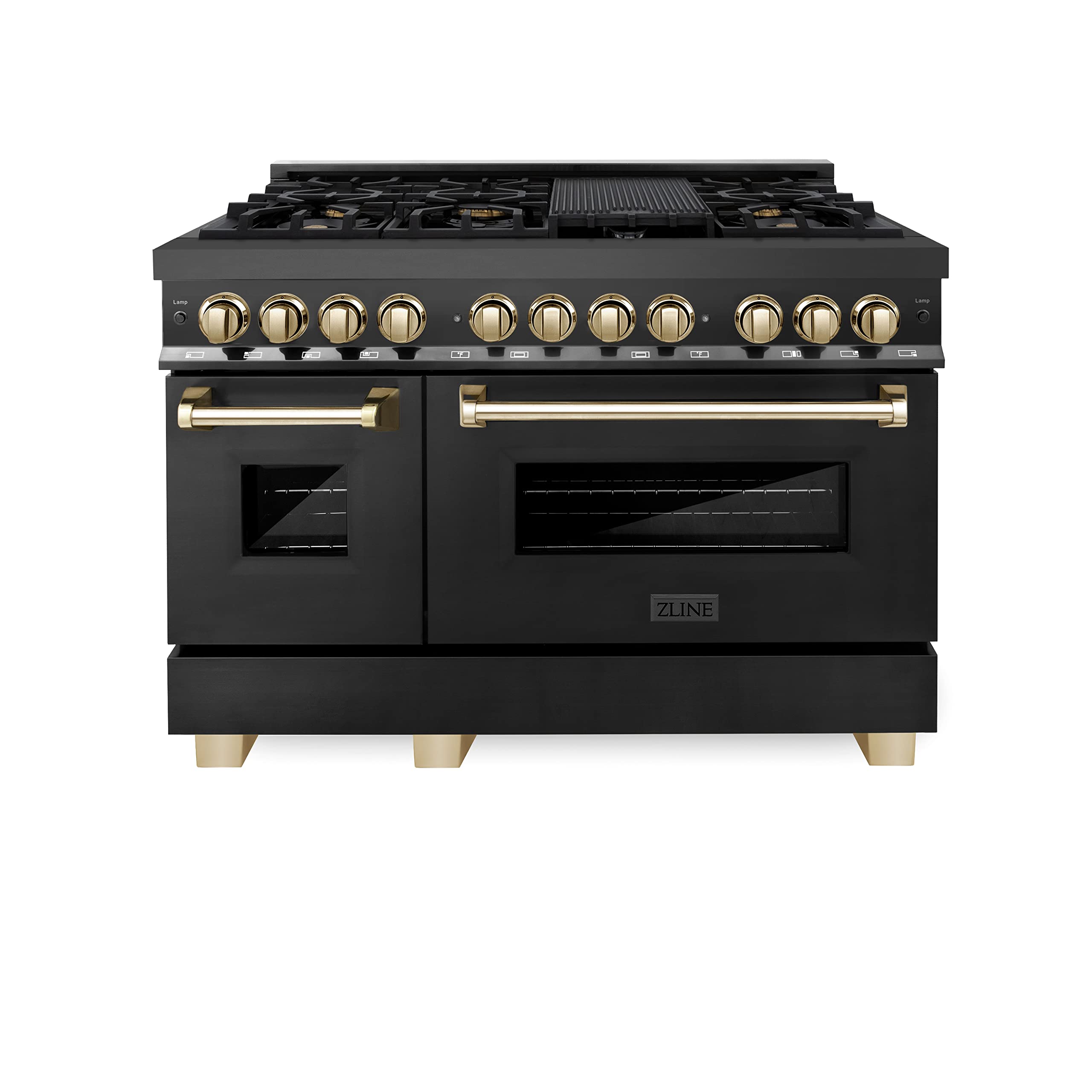 ZLINE Autograph Edition 48-Inch 6.0 cu. ft. Dual Fuel Range - 7 Burner Gas Cooktop & 2 Electric Ovens - Black Stainless Steel with Polished Gold Accents (RABZ-48-G) - Perfect for Professional Kitchens & Luxury Home Cooking