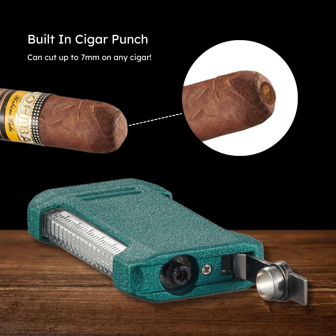 Visol Vinson Flat Torch Flame Lighter with Cigar Punch - Windproof Refillable Butane Lighter for Cigars, Cigarettes & Outdoor Use (Green) - Perfect for Camping, BBQ & Travel Accessories