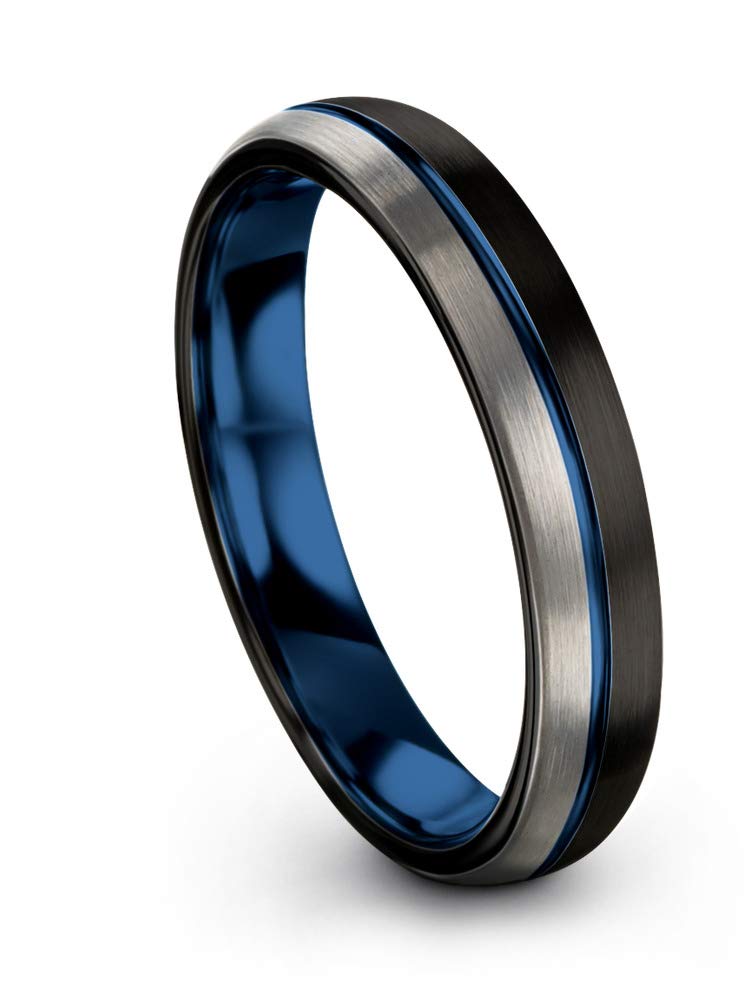 Tungsten Carbide Wedding Band Ring 4mm for Men & Women - Blue Black Center Line, Dome Black Grey, Half Brushed Polished - Custom Engraving for Anniversary & Engagement - Perfect for Everyday Wear, Special Occasions & Gift Giving